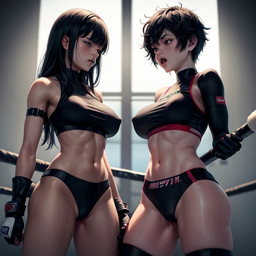 Dynamic behavior. Intense fisticuffs. The girls are wearing sports bras and high-leg panties. Her opponent tries to kill her with a powerful punch. The two are exhausted. Two beautiful young Japanese mixed martial artists are fighting in the octagon. They are covered in blood. Her mouth is open and drooling. She is spitting out her mouthpiece. She is sweating profusely. Short-cut black hair. Open-fingered gloves. Erect nipples. Small breasts.