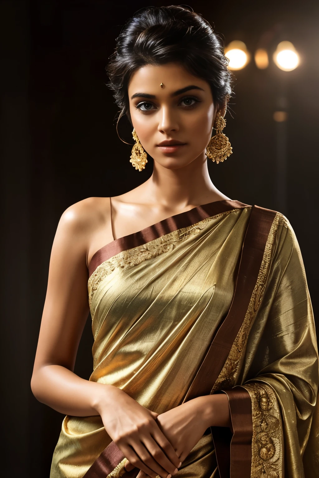 In this photograph, an Indian Instagram female model in her mid-20s takes center stage. (highly detailed face:1.4) (smile:0.7) (background 5-star hotel, moody, private study:1.0V, by Lee Jeffries, Nikon D850, film stock photograph, 4 Kodak Portra 400, camera f1.6 lens, rich colors, hyper-realistic, lifelike texture, dramatic lighting, Cinestill 800, realistic). She is wearing a traditional copper brown combination saree that exudes elegance and sophistication. The saree features a vibrant and intricate design with rich colors and detailed patterns, draped gracefully around her. The blouse is short-sleeved with intricate embroidery and beadwork, complementing the saree’s luxurious fabric. Completing her look, she adorns herself with traditional jewelry, including bangles, earrings, and a necklace. The model's hair is styled in a classic bun with jasmine flowers. The photograph is meticulously captured in 8K resolution using cutting-edge techniques such as Cinema 4D and Octane Render, resulting in a highly detailed and photorealistic image. Studio lighting, HDR, and a smoky mist create a captivating ambiance, while the bokeh effect adds an artistic touch.
