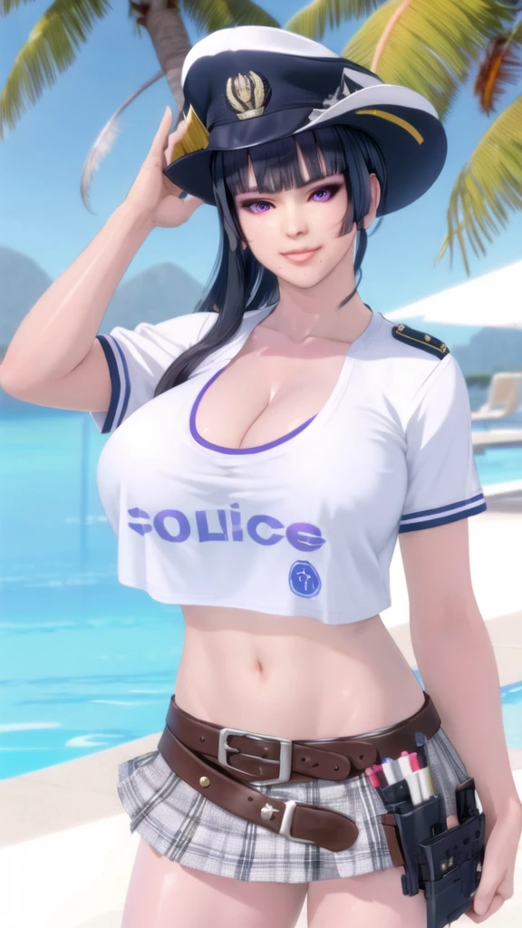 1girl, bangs, belt, black hair, blunt bangs, , cowboy shot, crop top, day, gun, handgun, hat, holster, huge breasts,long hair, looking at viewer, midriff, military, miniskirt, navel, nyotengu, ocean, outdoors, palm tree, plaid, plaid skirt, police, pool, purple eyes, shirt, short sleeves, skirt, sky, smile, solo, tree, uniform, water, watercraft, weapon, (masterpiece:1.4), (best quality:1.4), (shiny skin), steaming body, upper body