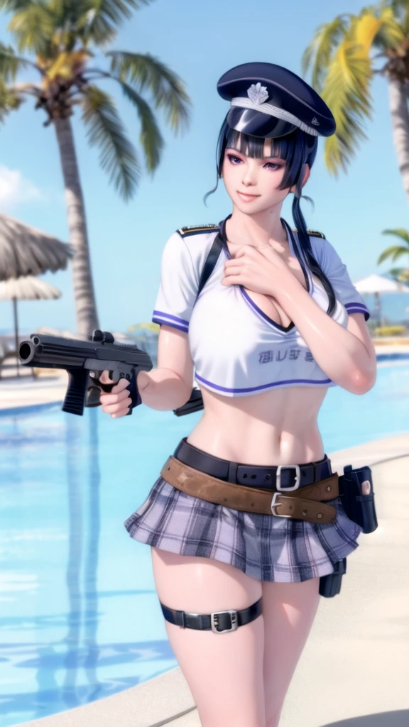 1girl, bangs, belt, black hair, blunt bangs, cleavage, cowboy shot, crop top, day, gun, handgun, hat, holster, huge breasts, lips, long hair, looking at viewer, midriff, military, miniskirt, navel, nyotengu, ocean, outdoors, palm tree, plaid, plaid skirt, police, pool, purple eyes, shirt, short sleeves, skirt, sky, smile, solo, tree, uniform, water, watercraft, weapon, (masterpiece:1.4), (best quality:1.4), (shiny skin), steaming body, upper body