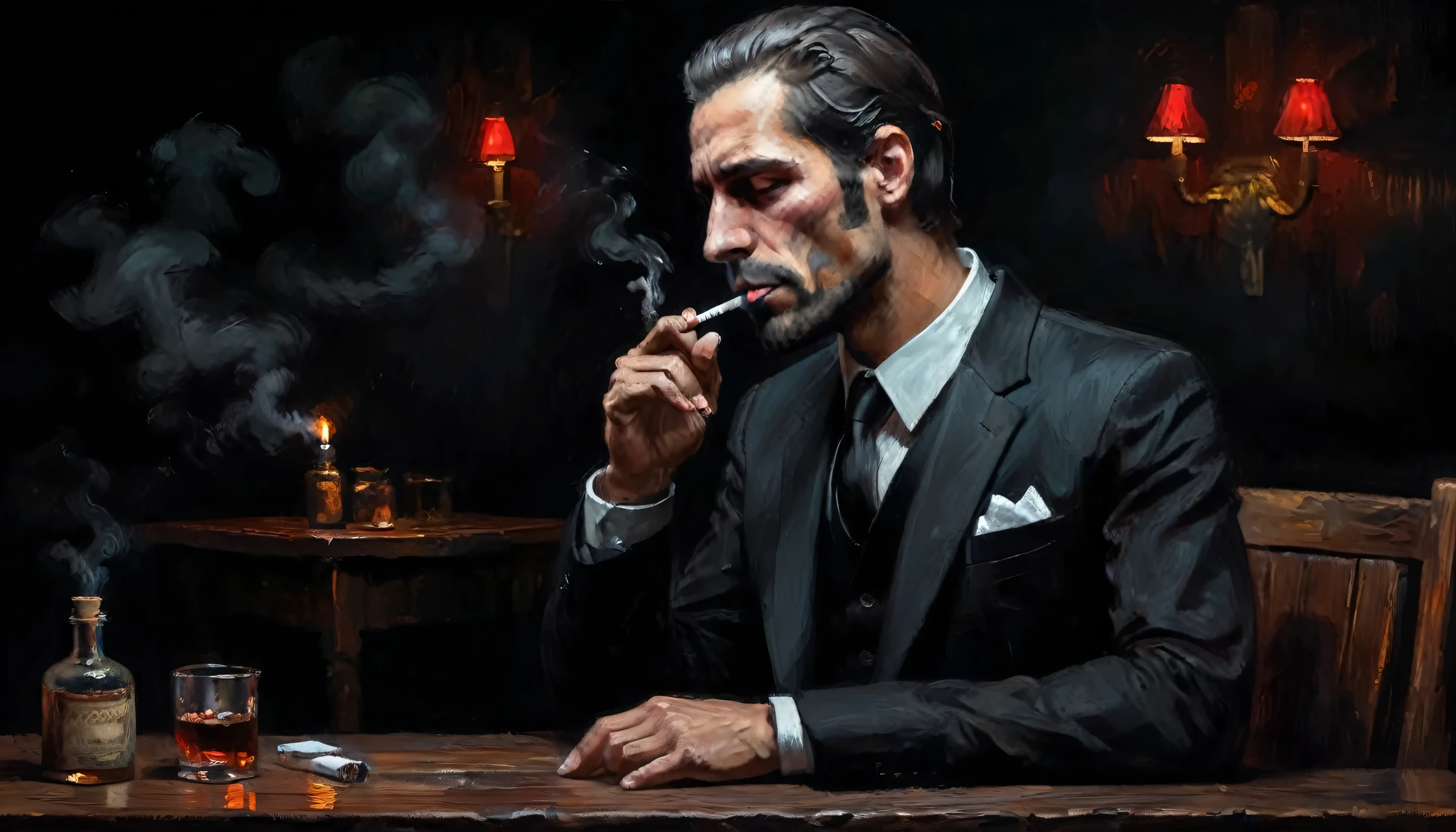a man, 1man, smoking a cigarette, wears a black suit, positioned in front of a wooden table, black background, melancholic expression, diffuse lighting, suspenseful atmosphere, dark colors, oil painting style
