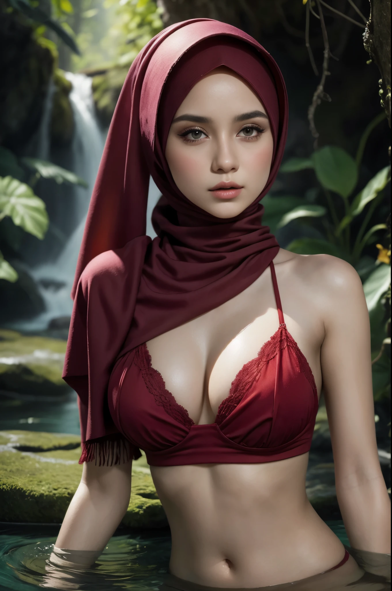 ((HIJAB)), close-up portrait of a beautiful woman ponytail hair styler, bathing in a jungle waterfall, wearing red lingerie top and bottom bikini, tight, pear body shaped, heavy big breast, showing large cleavage, reeds, (backlight), realistic, masterpiece, high quality, lens reflection, shadow, flower, [[chromatic aberration]], by Jeremy Lipking, by Antonio J. Manzanedo, digital painting,