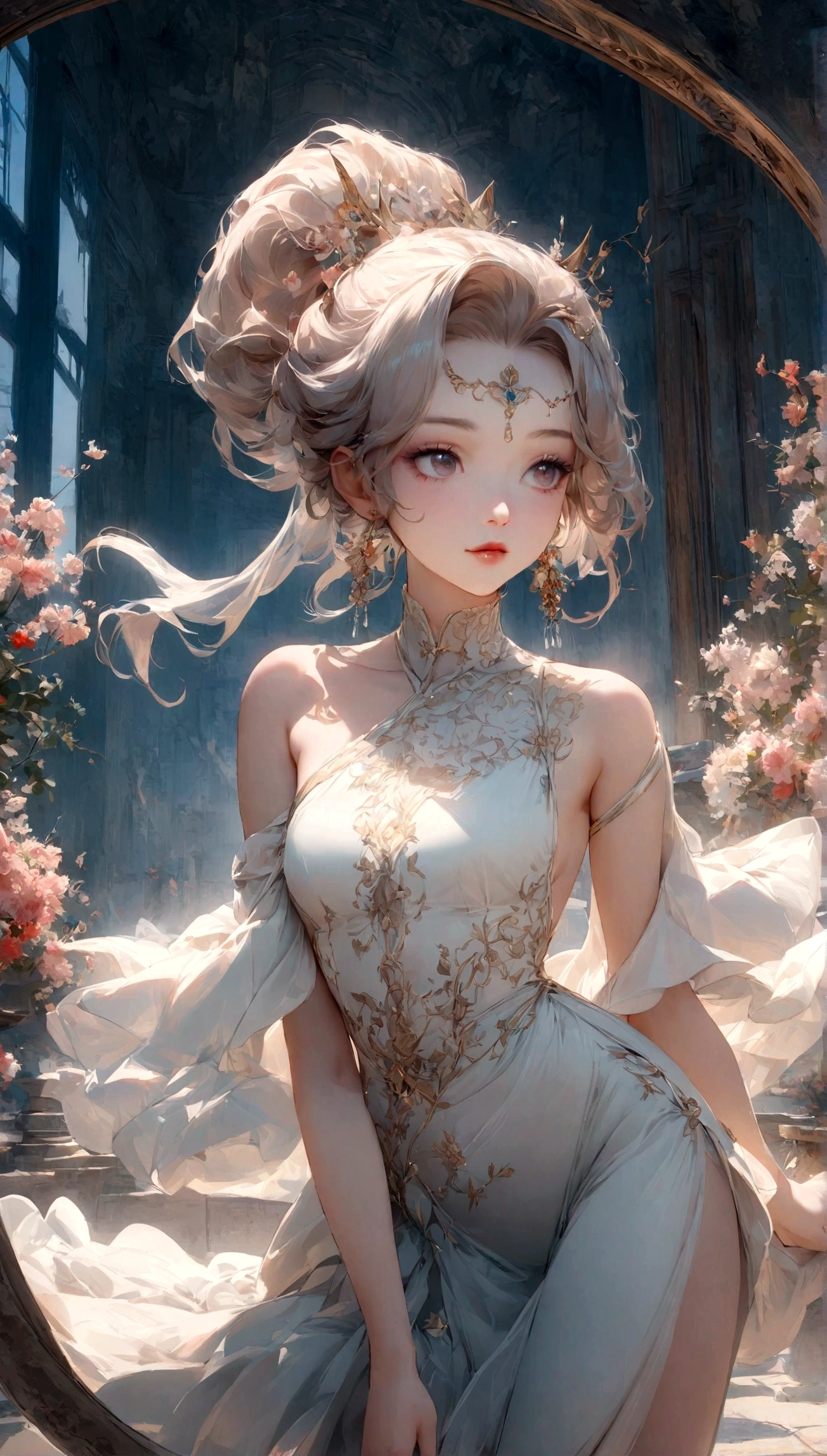 outdoor, ((Bare shoulder)), ((knee shot)), ((Standing walking)), ((Elegant and charming posture)), ((Close shot)), shot of woman with flowers in hair, Portraits inspired by Du Qiong, CG trends, Reality, Gorgeous Chinese model, traditional beauty, Chinese girl, cgstation trends, Popular topics on cgstation, Chinese style, palace , Cute and delicate face, beautiful girl, A beautiful young womanAnatomically correct