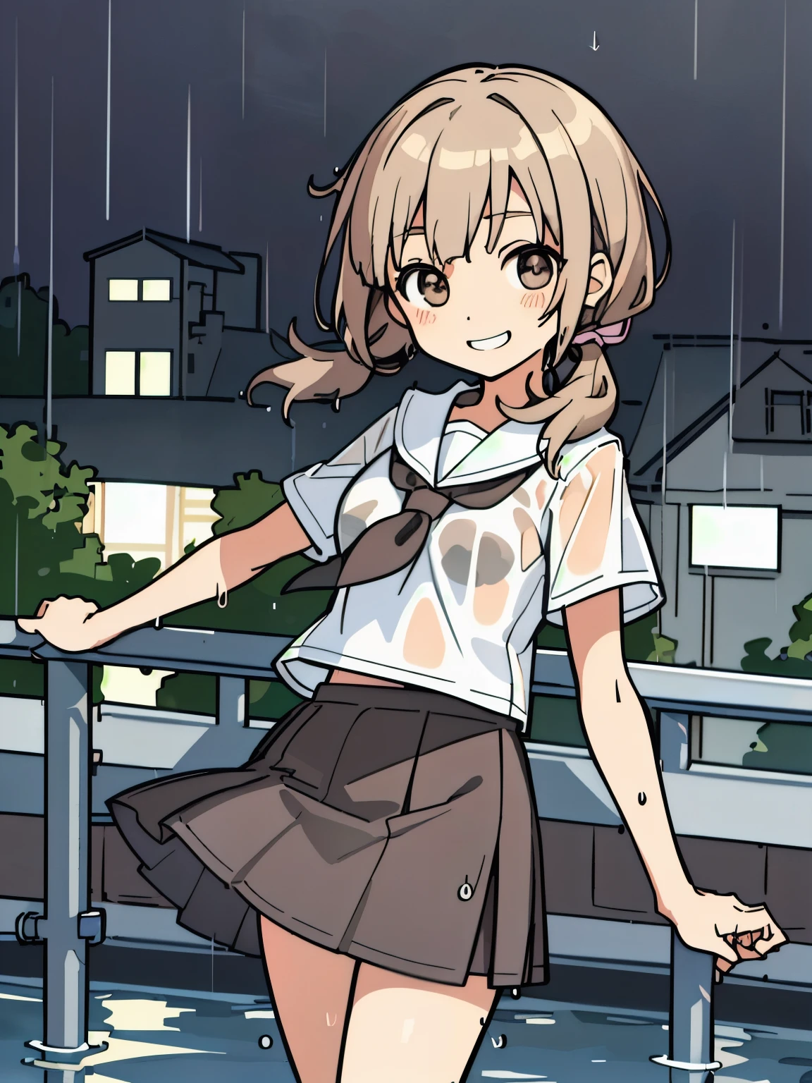 best quality, masterpiece, 1 girl, (silhouette lighting:1.2), (cowboy shot:1.3), grin, (light brown very short low twintails hair with bangs:1.2), front, detailed face, beautiful eyes, (wet skin, wet clothes:1.3), summer sailor uniform, short skirt, short sleeve, (windy upskirt:1.3), urban rooftop, cityscape, (twilight, dusk, rainy:1.3)
