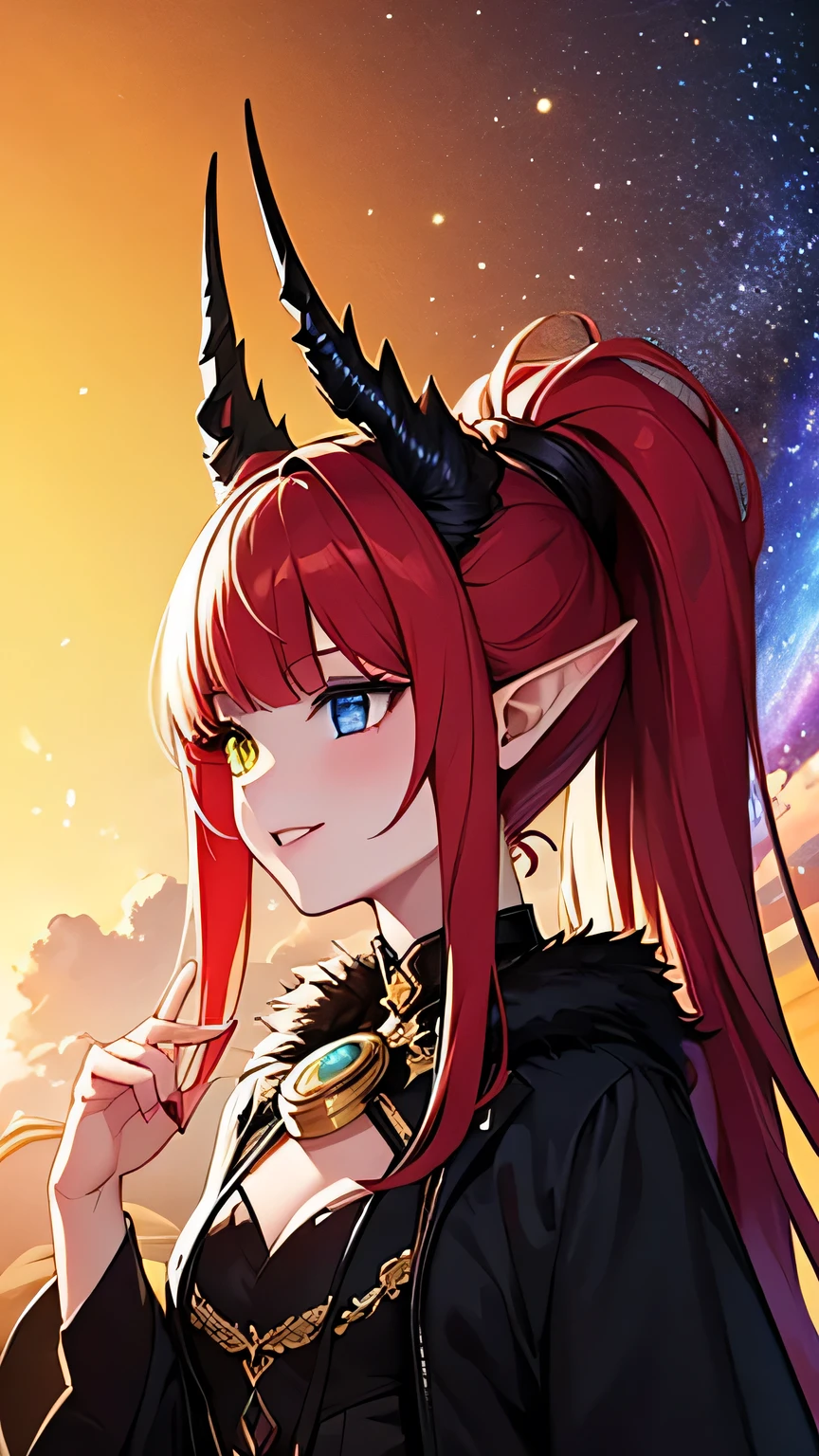 (masterpiece, top quality, best quality, official art, beautiful and aesthetic:1.2), (1girl:1.3), extremely detailed,(fractal art:1.2), colorful, highest detailed, parted lips, wallpaper, red hair, ponytail, (detailed eyes, cosmic eyes, galaxy pupils, (Heterochromia, different eyes, golden eyes)), horn, bangs, black coat, medium breast, horn, black horn, horn towards the bangs, challenging smile, elf ears, wings on her back, black wings, fly, fly over sky, hand holding the Solar system, galaxy, show her power