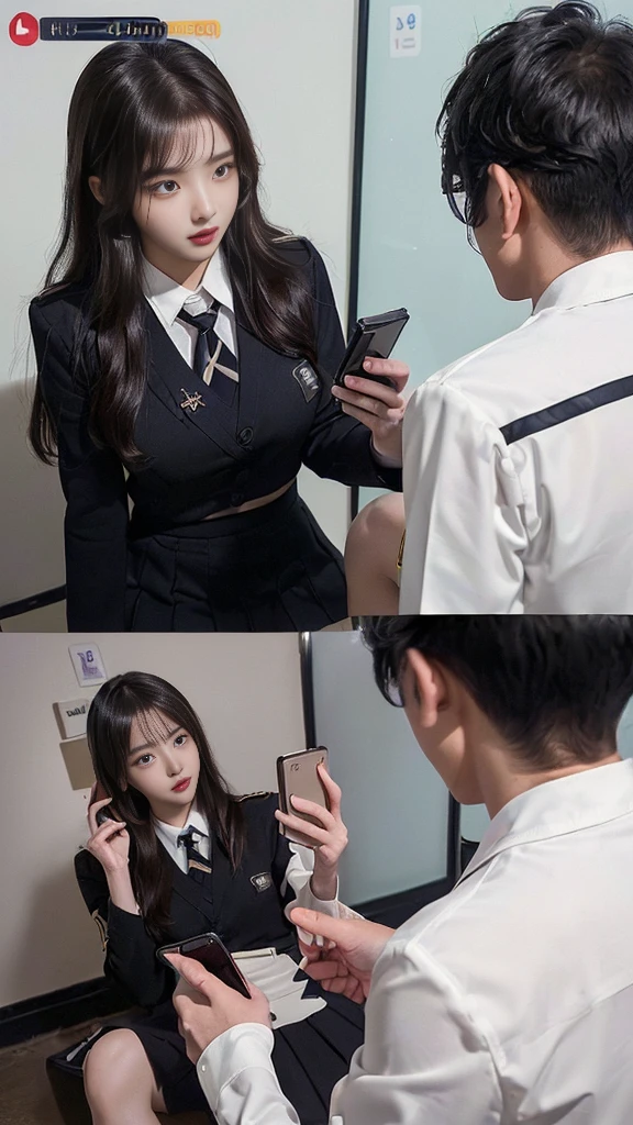  (high quality), (NSFW:1.2), (school _uniform :1.2), (split screen:1.3), (A delinquent:1.3),(girl's pantyhose:1.1), (glamorous and mature high school girl and a Korean adult man enjoying a smartphone chat ??? :1.4), (Her smartphone display shows a number of Korean adult men chatting to a high school girl.:1.4),