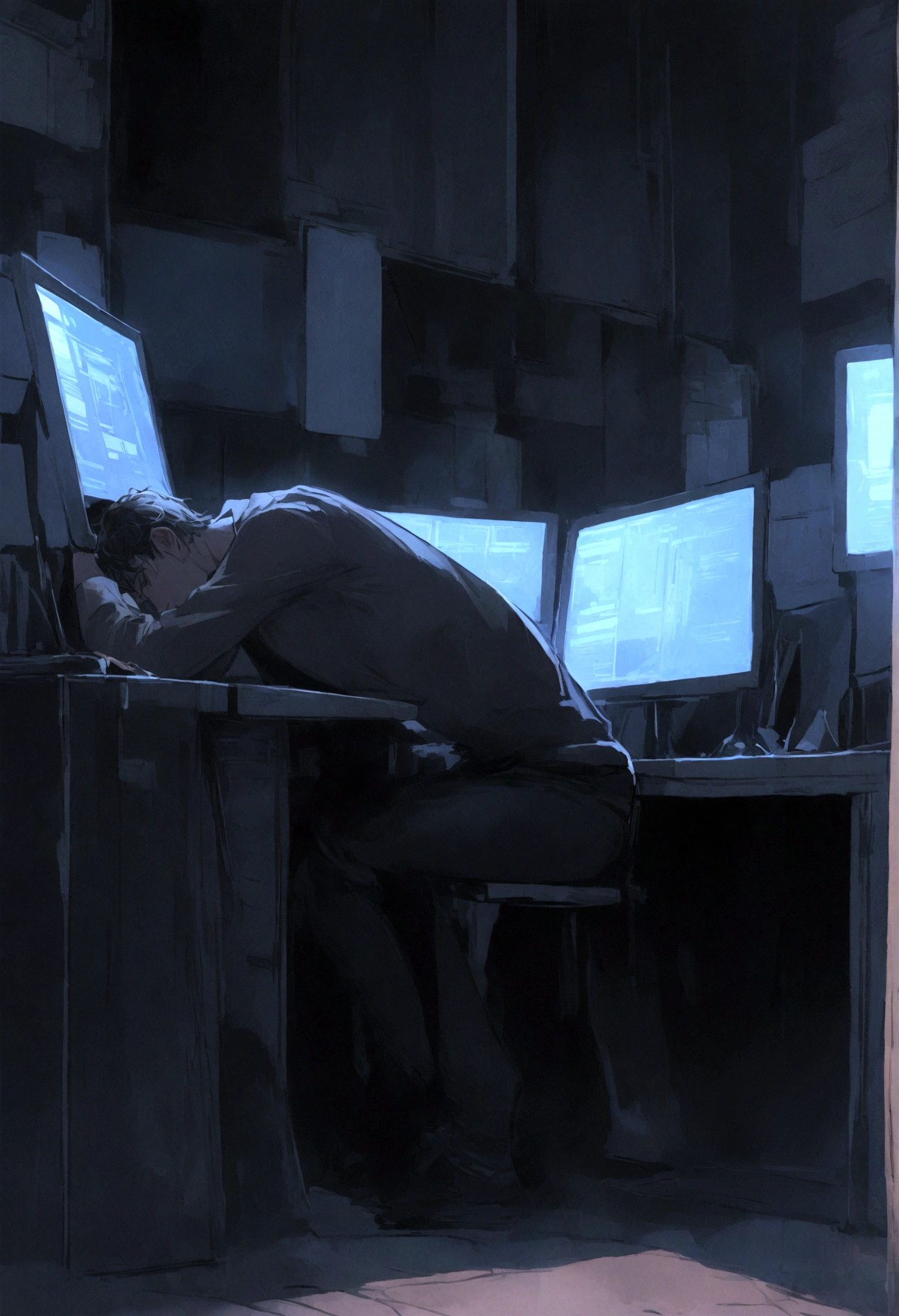 A detailed painting of a 28-year-old Italian marketer, looking deeply sad and miserable, hunched over with a curved back. He is sitting in a dark, dimly lit call center, surrounded by empty desks and flickering computer screens. The room exudes an oppressive atmosphere, reflecting his overwhelming despair and sense of entrapment.
