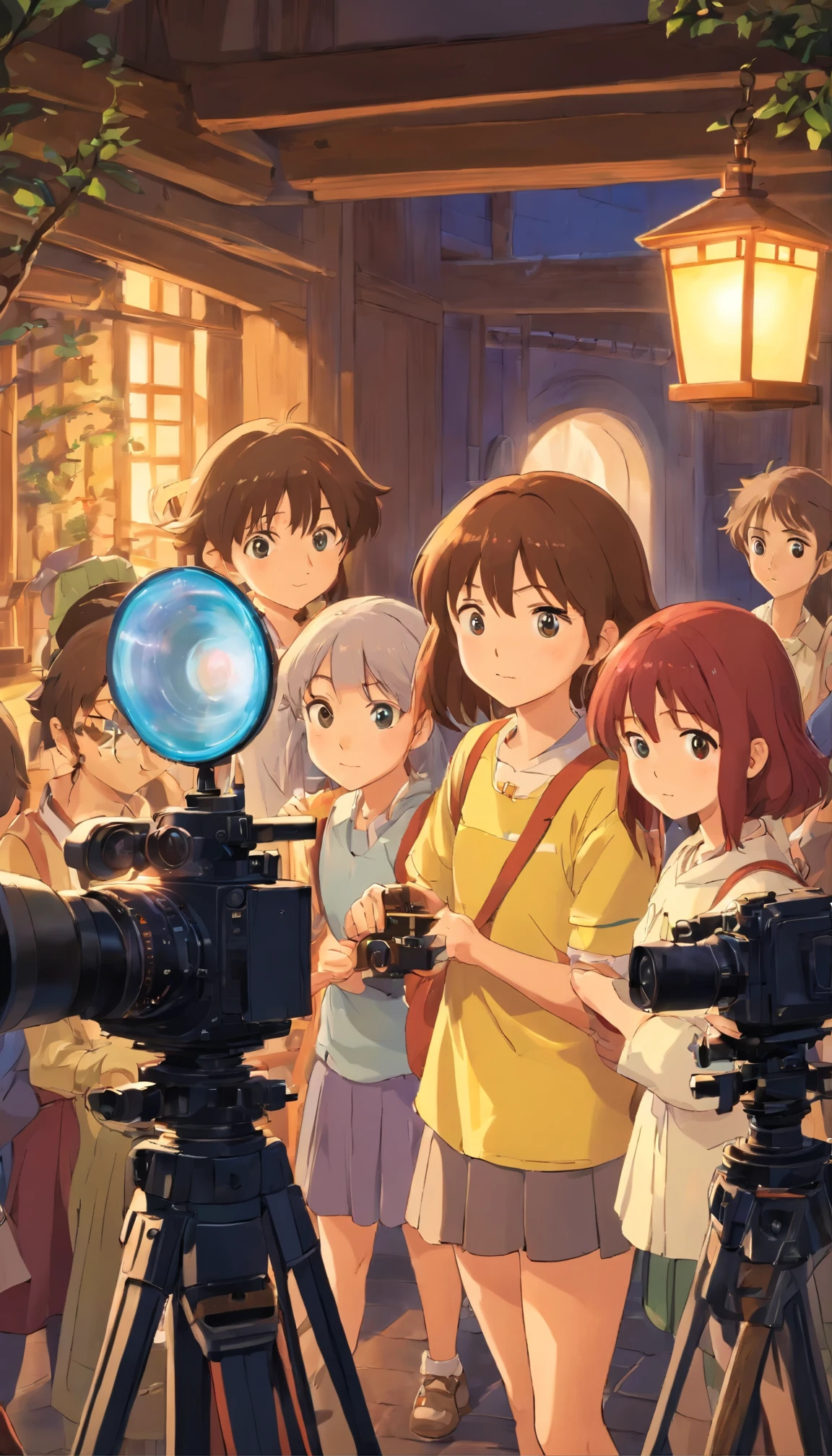 (RAW photo, best quality) 5 college students, 1 boy and 4 girls in front of a camera lens they are being filmed. The camera must be at the center and the students are seen in its lens