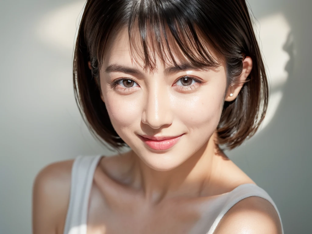 highest quality、8k Masterpiece、超A high resolution、(Photorealistic:1.3)、RAW Photos、1 girl、Black Hair、Glowing Skin、36age、Portrait、Global Illumination、Shadow、Octane Rendering、8k、Super sharp、Beautiful breasts、Metal、Cold colors、、Very intricate details、Soft Light、CGSoation Trend、Beautiful Eyes、Shining Eyes、To the camera、Neon Details、Clear skin、short hair、smile、Featured on cosmetics website