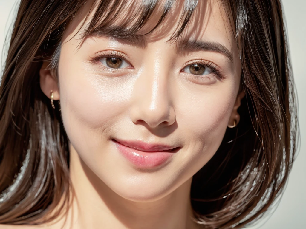 highest quality、8k Masterpiece、超A high resolution、(Photorealistic:1.3)、RAW Photos、1 girl、Black Hair、Glowing Skin、36age、Portrait、Global Illumination、Shadow、Octane Rendering、8k、Super sharp、Beautiful breasts、Metal、Cold colors、、Very intricate details、Soft Light、CGSoation Trend、Beautiful Eyes、Shining Eyes、To the camera、Neon Details、Clear skin、short hair、smile、Featured on cosmetics website