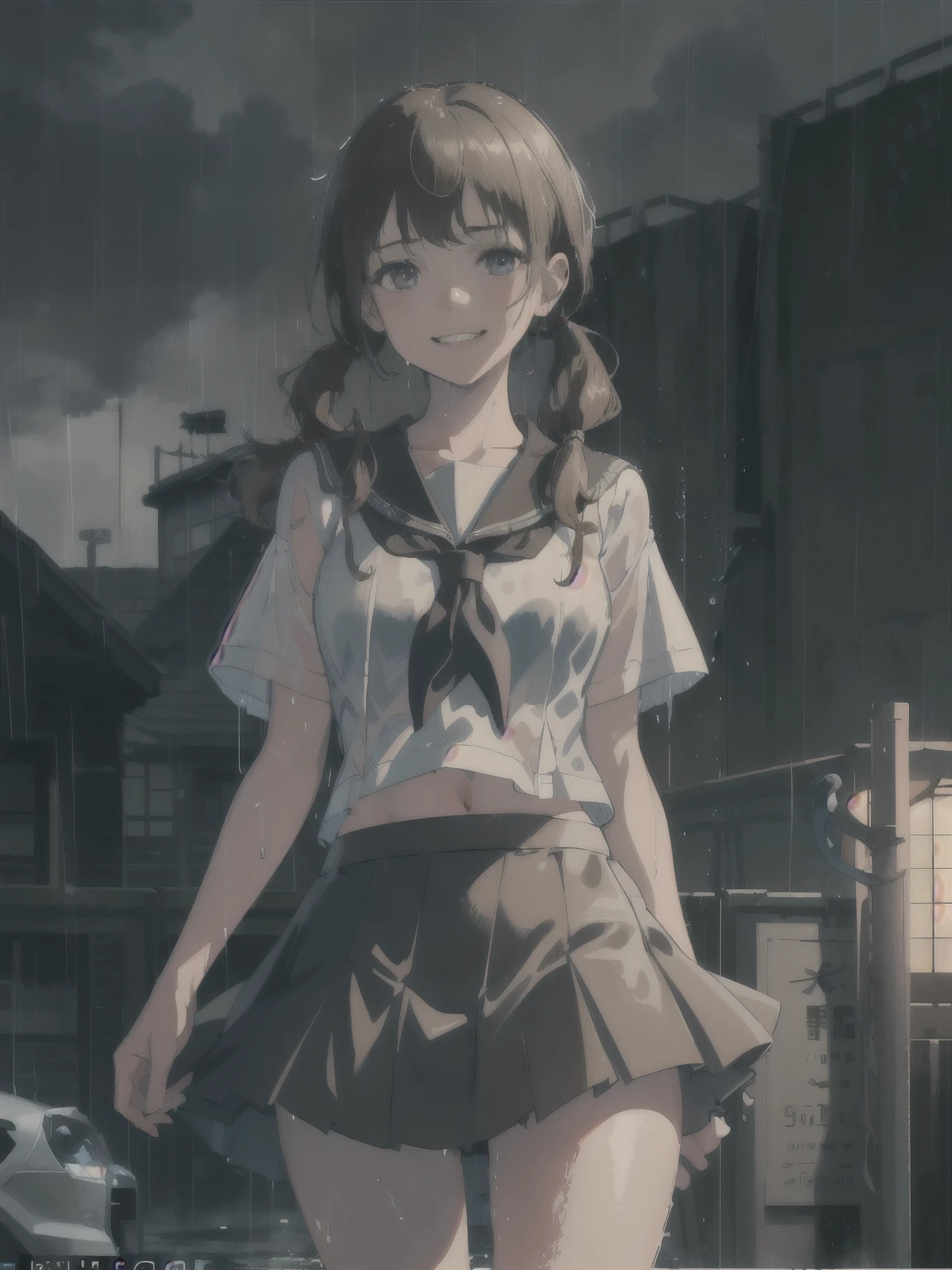 best quality, masterpiece, 1 girl, (silhouette lighting:1.2), (cowboy shot:1.3), grin, (light brown very short low twintails hair with bangs:1.2), front, detailed face, beautiful eyes, (wet skin, wet clothes:1.3), summer sailor uniform, short skirt, short sleeve, (windy upskirt:1.3), urban rooftop, cityscape, (twilight, dusk, rainy:1.3)