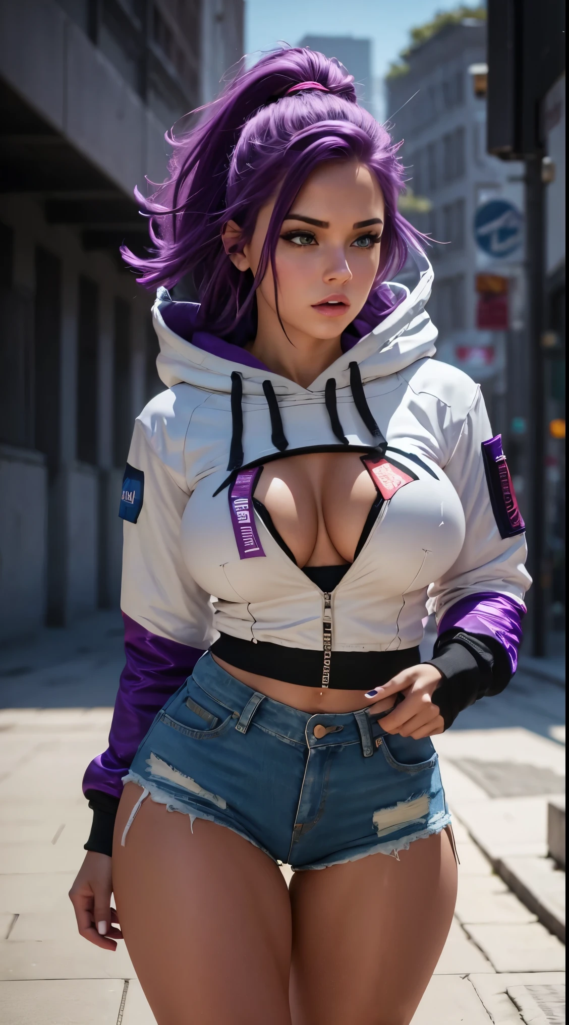 a sexy woman with large breasts, athletic body, thick thighs, wearing denim shorts, a hooded cropped top, purple hair, white sneakers, hyper realistic, 8k, photorealistic, masterpiece, intricate details, vivid colors, cinematic lighting, dramatic pose, dynamic composition, conceptual art, fashion editorial