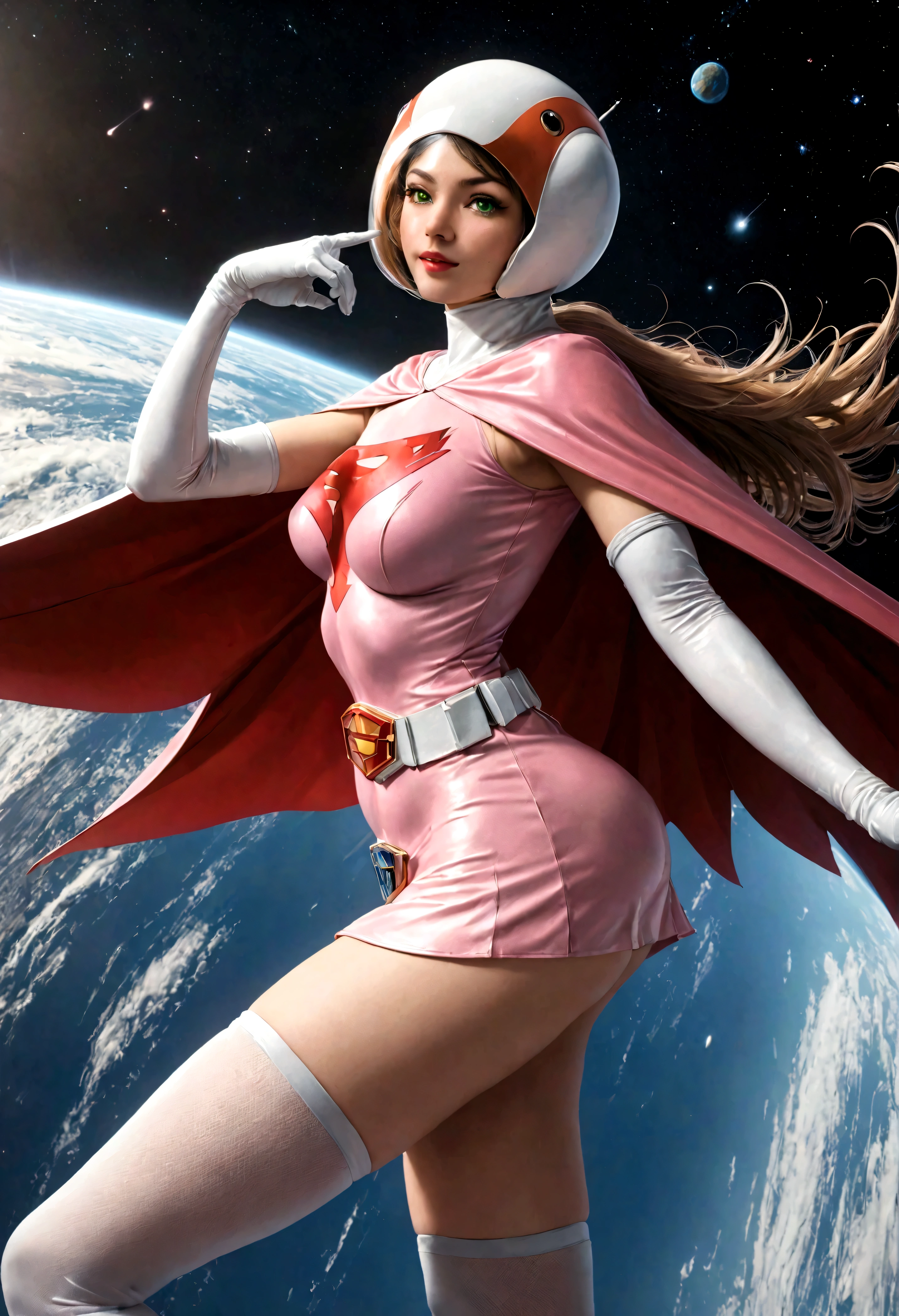 Hi3JTS, 1girl, 18-year-old,Excellent anatomy, masterpiece, highest quality, Realistic, hyperRealistic, 16K HDR,
Long Hair, Green Eyes, lips, large chest, lipstick, compensate, gloves, Cape, Helmet, belt, elbow gloves, white gloves, mask, Ultra mini skirt, leotard, Spacesuit, White legwear, Pink Dress, Superhero, Bodysuits, (Sexy pose, From side:1.2),Sweat, smile, Spaceship,