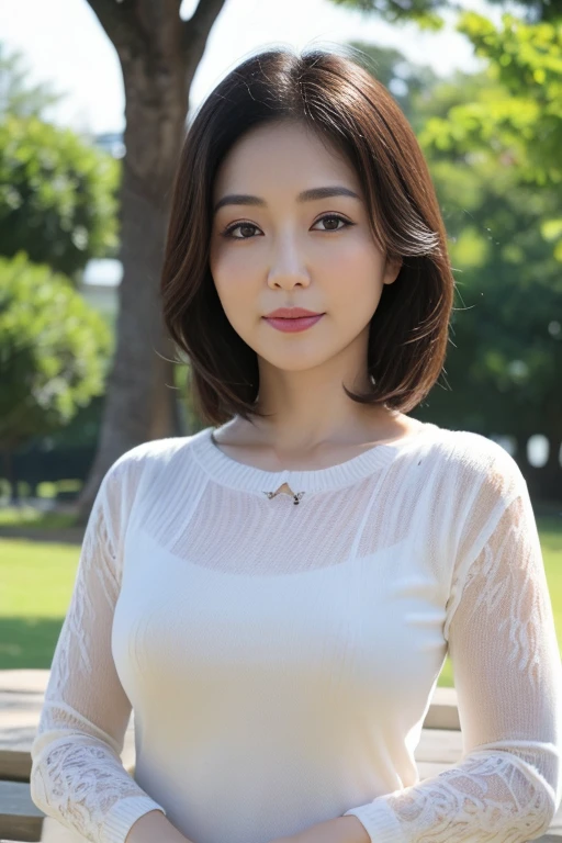 in the park,40 years old adult、Japanese woman、Low-cut、Sexy, Big breasts,delicate skin、masterpiece、Beautiful breasts、high quality、Super beautiful、face hd、The makeup is very light、Glowing and beautiful skin、The beauty of transparency、Reality、Looking at the camera、Skin Whitening、Full body shape、Transparent sweater
