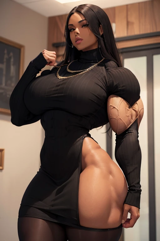 (((((Massive tall, beautiful, buff, brown skinned muscular woman with black hair, ginormous bulky muscles and wearing a beautiful black long-sleeved sweater pencil dress with black pantyhose))))), (close view), massive muscles, (long straight hair), ((pantyhose)), orange eyes, choker, ((beautiful sweater pencil dress)), black boots, (in the Cloudy beautiful village), closed smile, night, ginormous muscles