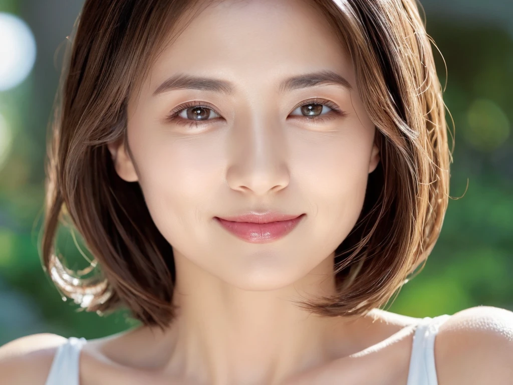 highest quality、8k Masterpiece、超A high resolution、(Photorealistic:1.3)、RAW Photos、1 girl、Black Hair、Glowing Skin、36age、Portrait、Global Illumination、Shadow、Octane Rendering、8k、Super sharp、Beautiful breasts、Metal、Cold colors、、Very intricate details、Soft Light、CGSoation Trend、Beautiful Eyes、Shining Eyes、To the camera、Neon Details、Clear skin、short hair、smile、Featured on cosmetics website、intellectual、reason、Charm、Perfect Lips、Fine skin、Wrinkle-free skin