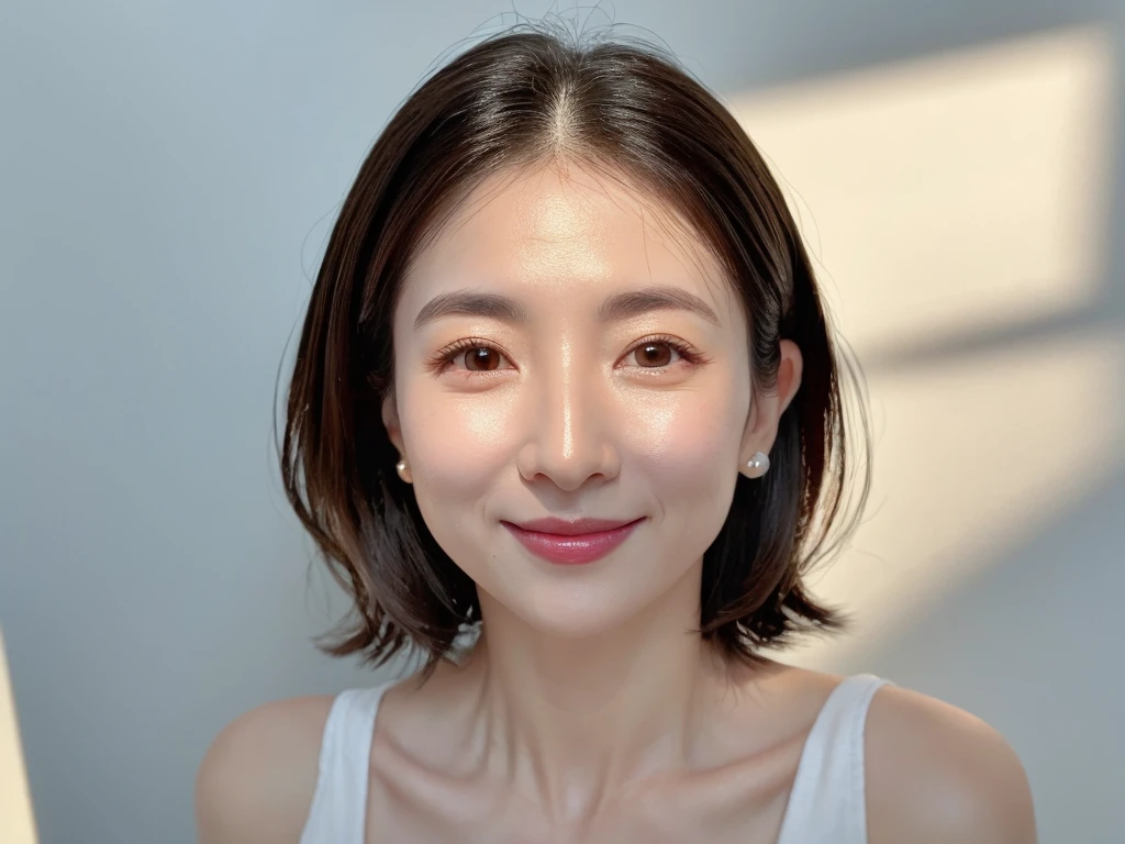 highest quality、8k Masterpiece、超A high resolution、(Photorealistic:1.3)、RAW Photos、1 girl、Black Hair、Glowing Skin、36age、Portrait、Global Illumination、Shadow、Octane Rendering、8k、Super sharp、Beautiful breasts、Metal、Cold colors、、Very intricate details、Soft Light、CGSoation Trend、Beautiful Eyes、Shining Eyes、To the camera、Neon Details、Clear skin、short hair、smile、Featured on cosmetics website、intellectual、reason、Charm、Perfect Lips、Fine skin、Wrinkle-free skin