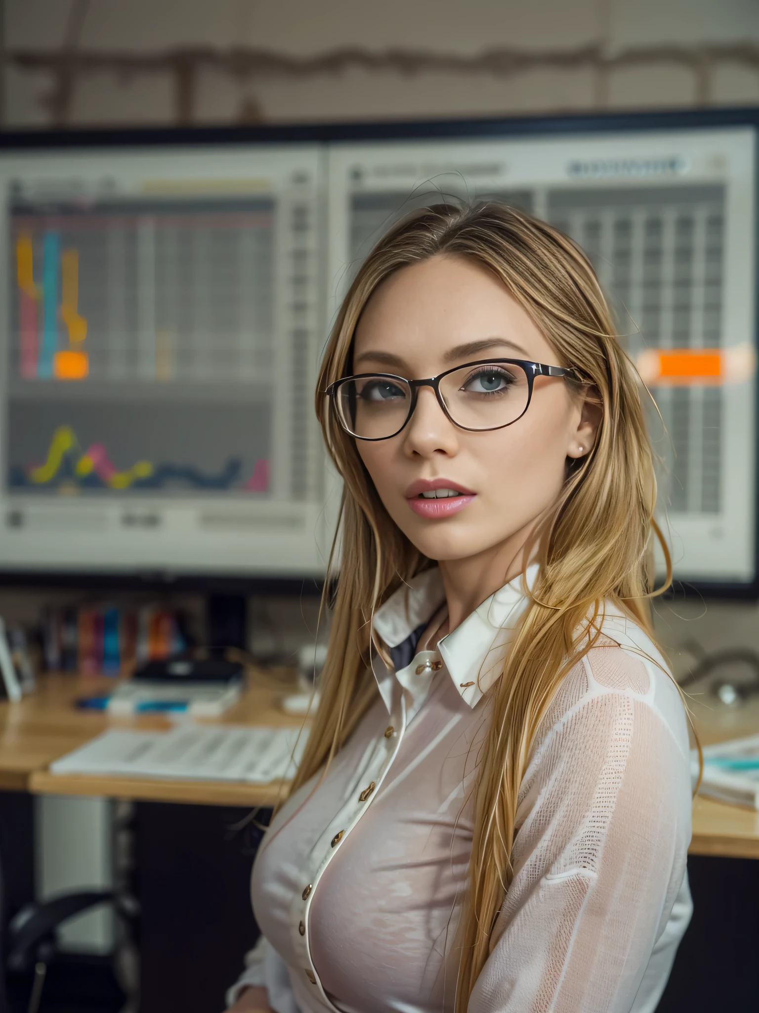 A beautiful young woman exudes confidence and wisdom in a stylish modern office space，Next to it are complex financial charts on the wall, You can feel her analytical thinking at work, Directly in the camera gaze, A slight smil, full bodyesbian, perefct body, big butt, big thighs , Wearing glasses,  she wears an open orange blazer, a white t-shirt and a tight black miniskirt with black pantyhose, Still very professional  AJApplegateQuiron