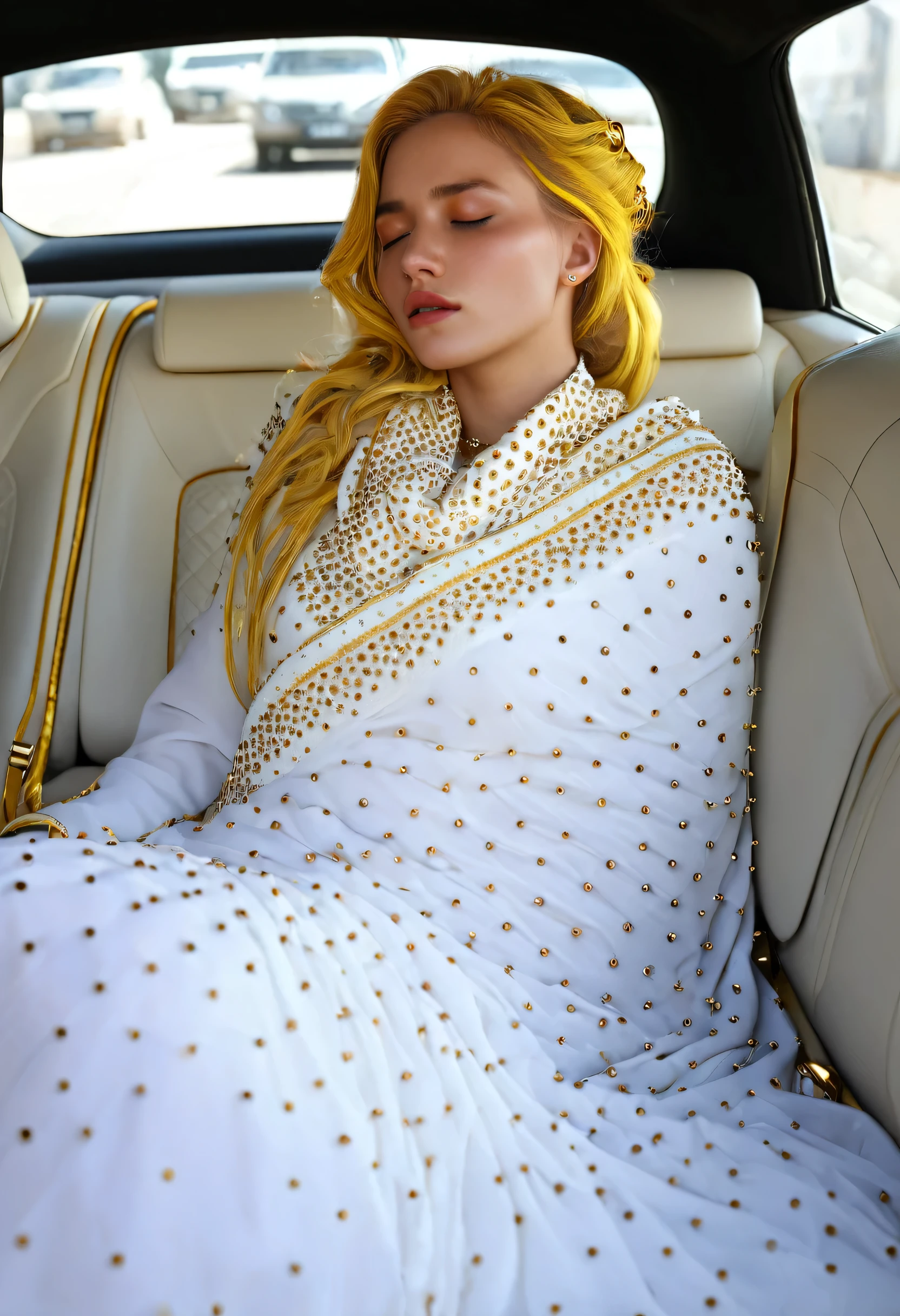 ((Masterpiece)), ((Best Quality)), 8K, HD, Super Detail, (Woman), (White dress studded with yellow gold rims), (Golden hair shawl scattered), (Expression closed eyes) (Sleeping in a car 1.6) (Full Body Display 1.4) The artwork is a masterpiece, with the best quality and super detail, captured in 8K HD. Photographic realistic, realistic, very detailed illustrations realistic, octane rendering