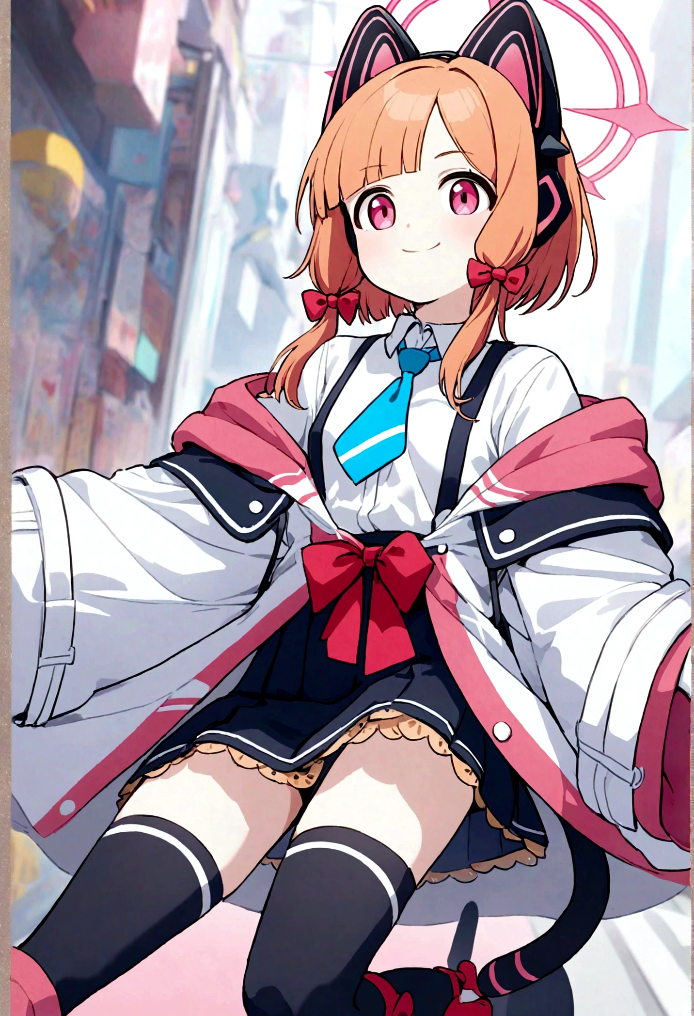 girl smile, momoi \(blue archive\), pink eyes, short hair, sidelocks, pink halo, fake animal ears, cat tail, red hair bow, pink and white jacket, white shirt, collared shirt, suspenders, blue necktie, black skirt, black thighhighs, digimon,