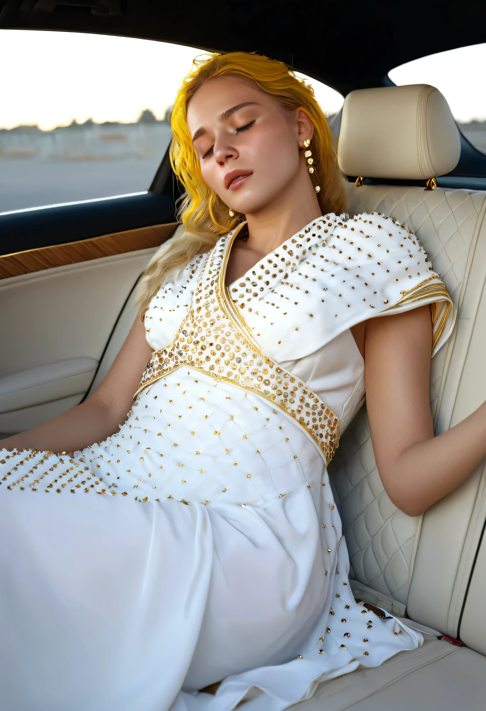 ((Masterpiece)), ((Best Quality)), 8K, HD, Super Detail, (Woman), (White dress studded with yellow gold rims), (Golden hair shawl scattered), (Expression closed eyes) (Sleeping in a car 1.6) (Full Body Display 1.4) The artwork is a masterpiece, with the best quality and super detail, captured in 8K HD. Photographic realistic, realistic, very detailed illustrations realistic, octane rendering