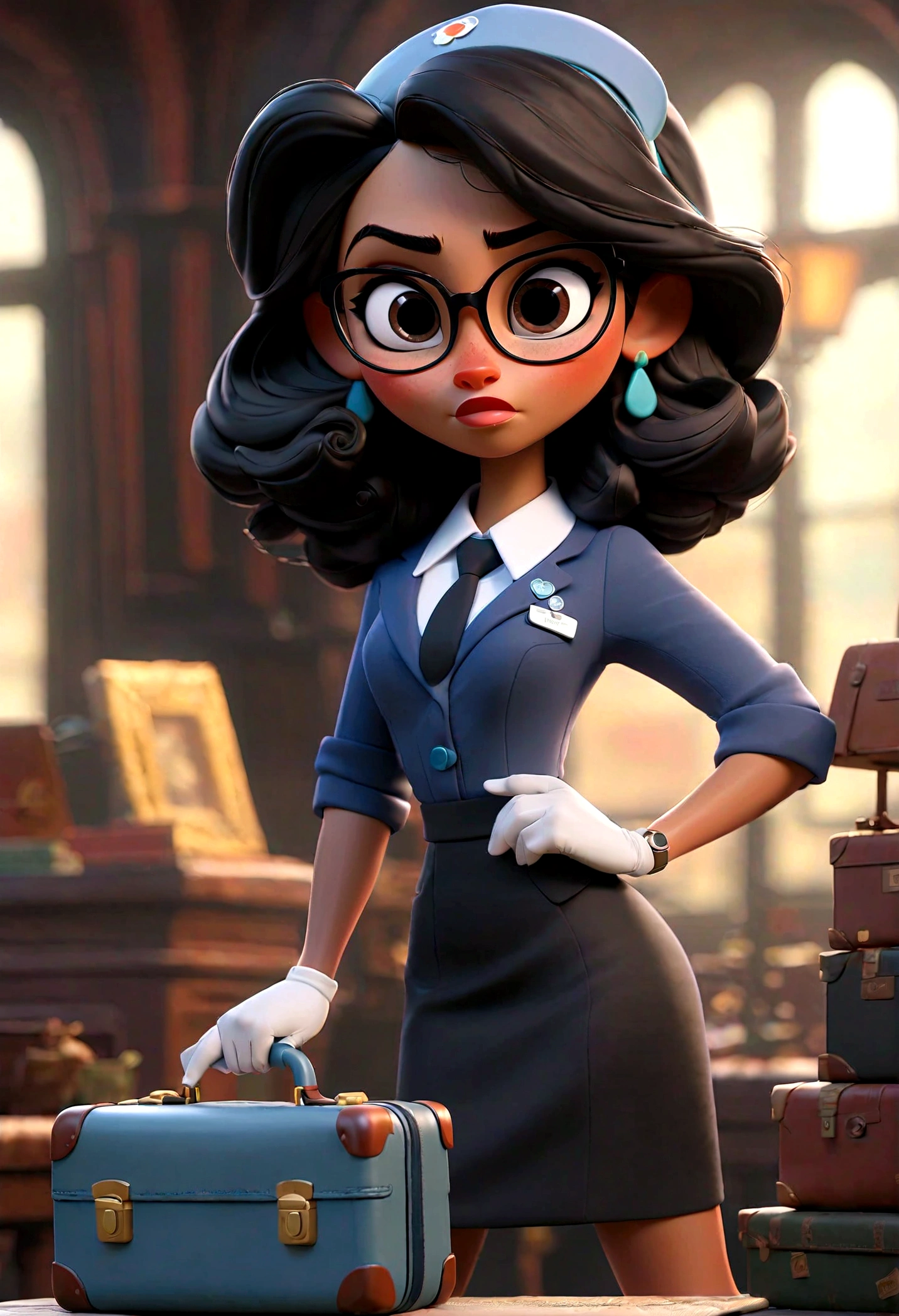Create in Pixar 3D style of a young flight attendant, Jessica, Brazilian, 27 years old, has straight black hair, wears modern glasses, her face is expressive with large, black and reinforced eyes. She wears a blue suit with white details, a knee-length skirt, a white scarf around her neck and black low-heeled shoes. Jessica is standing, with a dreamy look, she carries a small blue suitcase, with stickers from different countries that shows her passion for traveling