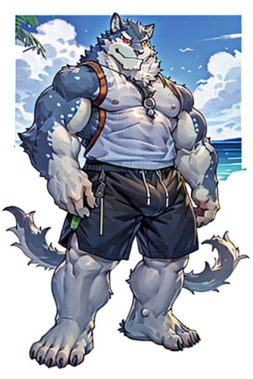 monomasa，(best quality)，On the beach，Simplify the background，individual，front，whole body，Upper body naked，Wear white shorts，Bad smile，(barefoot:1.3)，Strong and big feet，(5 toes:1.3)，Crotch bulge