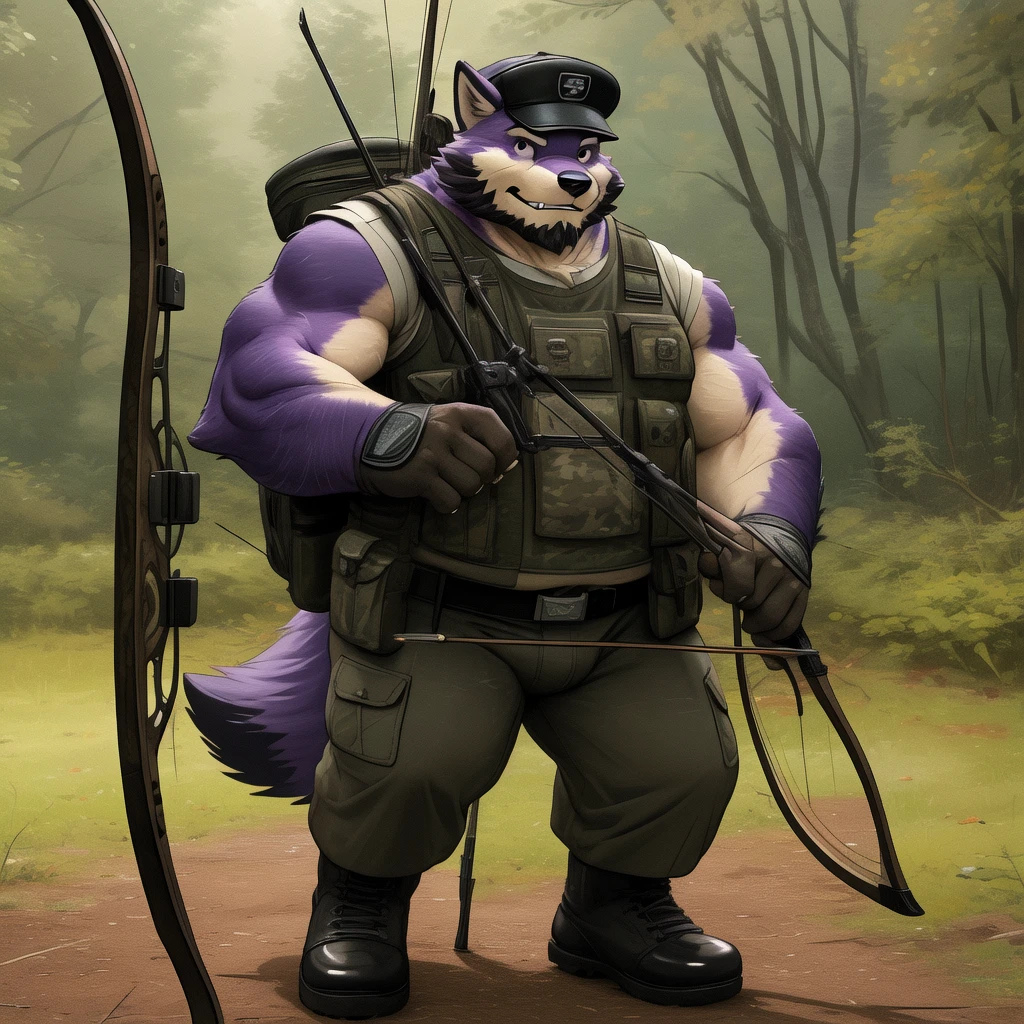 New Jersey 5 Hairy, Full body portrait of an individual, male, exquisite, rounded face,muscular,thick arms,plush fur,purple fur fox, mature, daddy, black swat, black military cap and vest, short t-shirt, equip a hunting bow, archery, beard, army training ground,