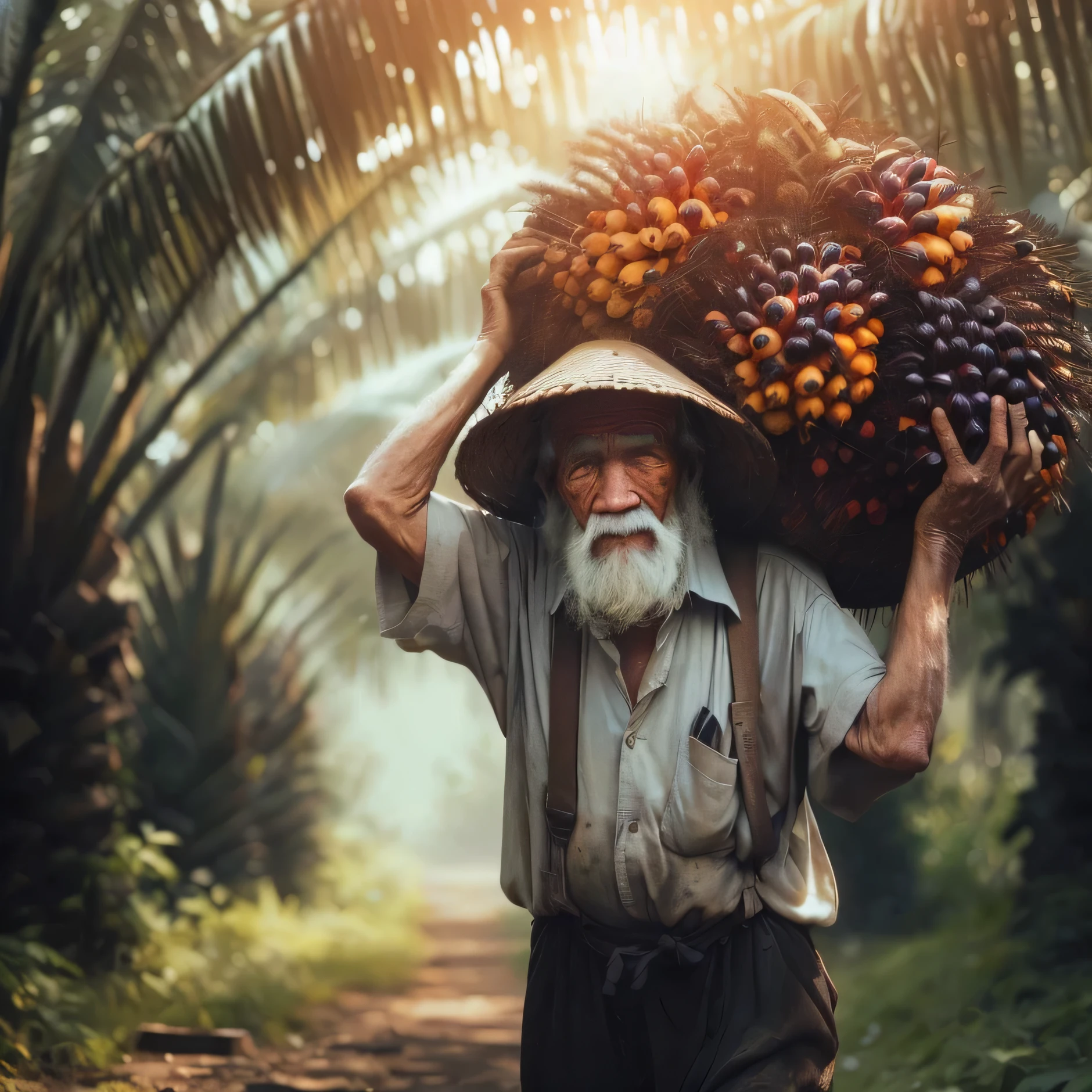 Old man carrying a load of palm fruit on his head