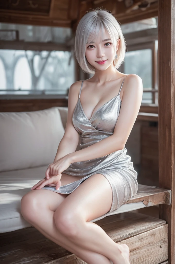 highest quality、8k Masterpiece、超A high resolution、(Photorealistic:1.3)、RAW Photos、1 girl、Silvery white hair、Glowing Skin、1. Super-beautiful Cyberpunk Soldiers、((Ultra-Realistic Details))、Portrait、Global Illumination、Shadow、Octane Rendering、8k、Super sharp、Beautiful breastetal、Cold colors、、Very intricate details、Realistic Light、CGSoation Trend、Beautiful Eyes、Shining Eyes、To the camera、Neon Details、２０age、Very Short Hair、Too beautiful face、Intelligence、Obscene、wide shot、full body、Silver charm on the ankle、sexy、smile、Healthy Body、dress、sexy、Sexy