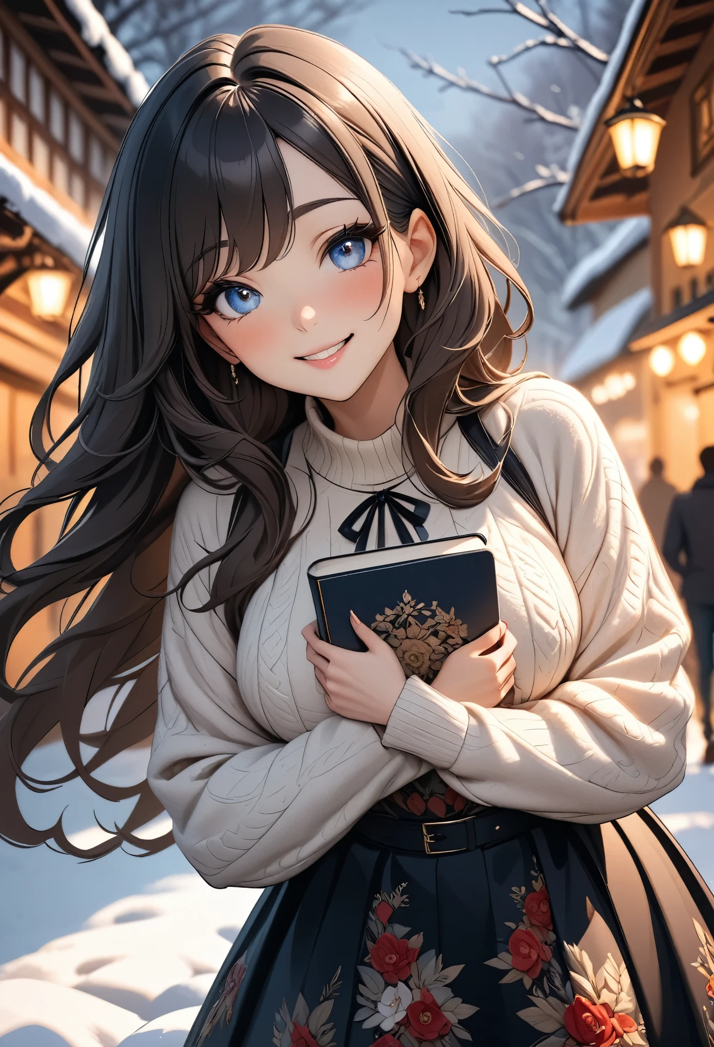 (best quality, high resolution, Extremely detailed), single, Mature girl, long hair girl, Black hair girl, holding a book, winter, Smile, Extremely detailed eyes, Extremely detailed face, Extremely detailed dress, Boyfriend's perspective, short depth of field,,