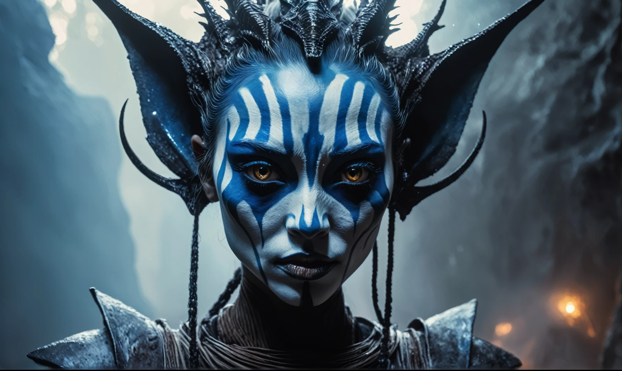 full body length,niobium goblin,ahsoka tano,native africa xenomorph,pretty face,eyebrow up,full body shot,ominous landscape,niobium gray atmosphere,by art Simon Stalenhag,Nicola Samori,(((Wangechi Mutu))),prime colors,urban,extremely detailed,masterpiece,intricate details,faded,eyes extremely detailed, high detailed eyes,4k resolution,RAW, Nikon Z9,scary village,stalker,Bagan of Myanmar,Stone Forest in Yunnan Province of China,Zhangjiajie National Forest Park of China,pretty face,intricate details,realistic humid skin,extremely intricate details,anatomically correct,
eyes extremely detailed, high detailed eyes,High contrast,Ultra HD,Retina,HDR,photo,photorealism,Masterpiece,
natural skin textures, hyper realism,hyper detailed,High contrast,Realism,Ultra Detailed,irina yermolova,
close full body shot,32K resolution,Nikon Z9, ,demonic, dust, smoke, audience, mist, featuring ultra-realistic and hyper-realistic elements,
inspired by Marta Bevacqua, Ellen Jewett, Kawacy, Katsuya Terada, and Carne Griffiths.
Rendered with a color palette consisting of blue, Obsidian and white.
Utilizes futuristic lighting effects such as light halation, light stroke, light beam, explosive lightning,
sparks, concert lighting, light-bulb, bokeh, and/or other effects to create a luminal space that feels
both bright and surreal. Includes liquid fluid elements for added depth and movement. Rendered in an unreal
engine and post-processed to achieve . Evokes a sense of dreamy, ethereal
and mystical mood