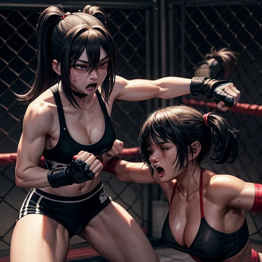 Intense violence. dynamic action. She is suffering. She is cornered in a wire fence, badly beaten by her opponent. she is dominated by her opponent. She is wearing a sports-bra andhigh-leg shorts. Her opponent tries to kill her with a powerful punch. The girls are exhausted. Two young and beautiful Japanese female mixed martial artists are fighting in the octagon. They are smashing their fists against their opponents' bodies. They are covered in blood. Their mouths open, drooling, one eye closed, gasping for air. They are sweating profusely. Short-cut black hair. Open finger gloves. Erect nipples. Small breasts.