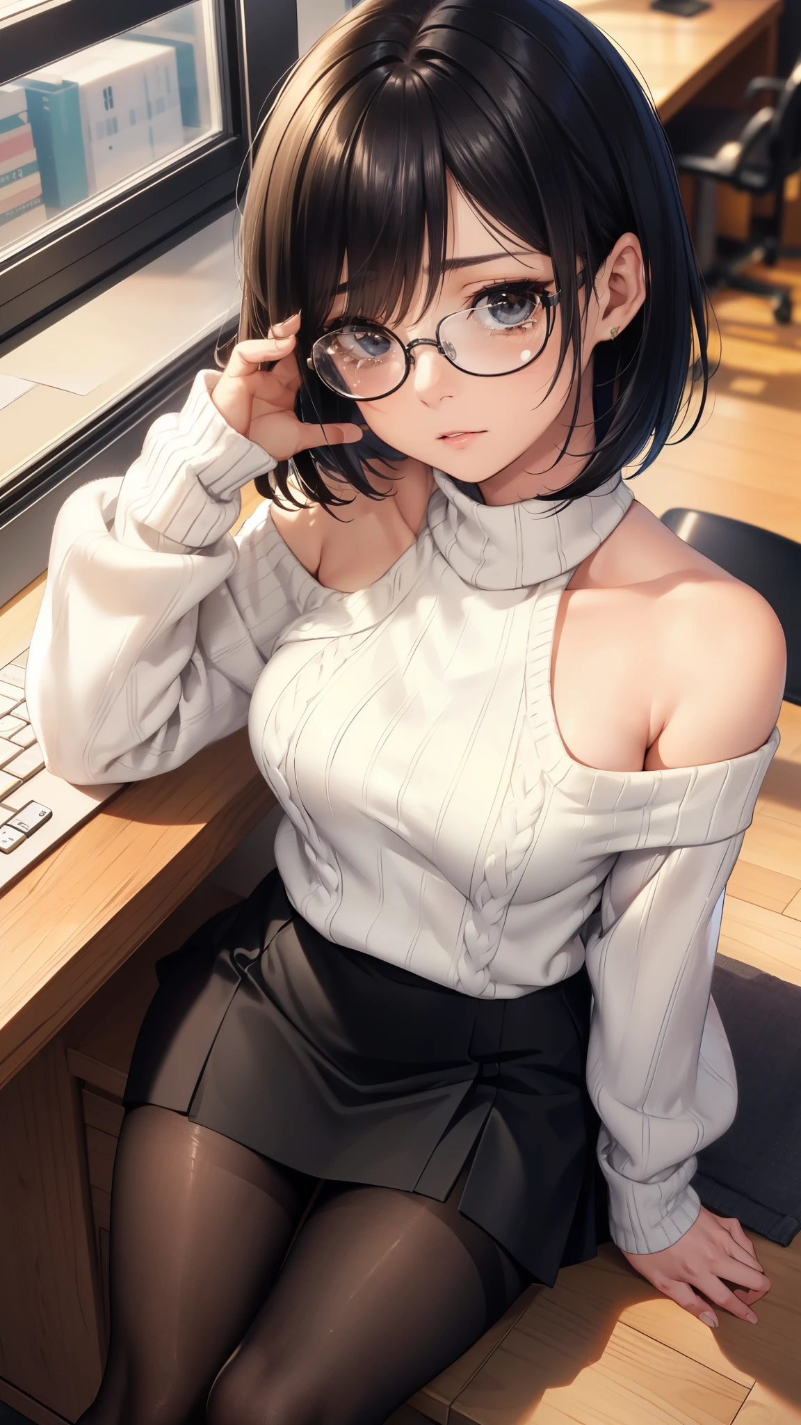 (top view shot), arms down, ((Shoulder-length straight bob hair:1.3)), (Black Hair:1.2),(Face in tears:1.2), (adult woman:1.4), 8K, masutepiece, Raw photo, Best Quality, Photorealistic, Highly detailed, ((Ultra detailed skin)), (leg focus SHOT:1.5), 20 years old, (Medium breasts:1.2),(black mini skirt, Black realistic pantyhose,White knit sweater:1.4), (standing at a desk in library:1.2), Rimless glasses