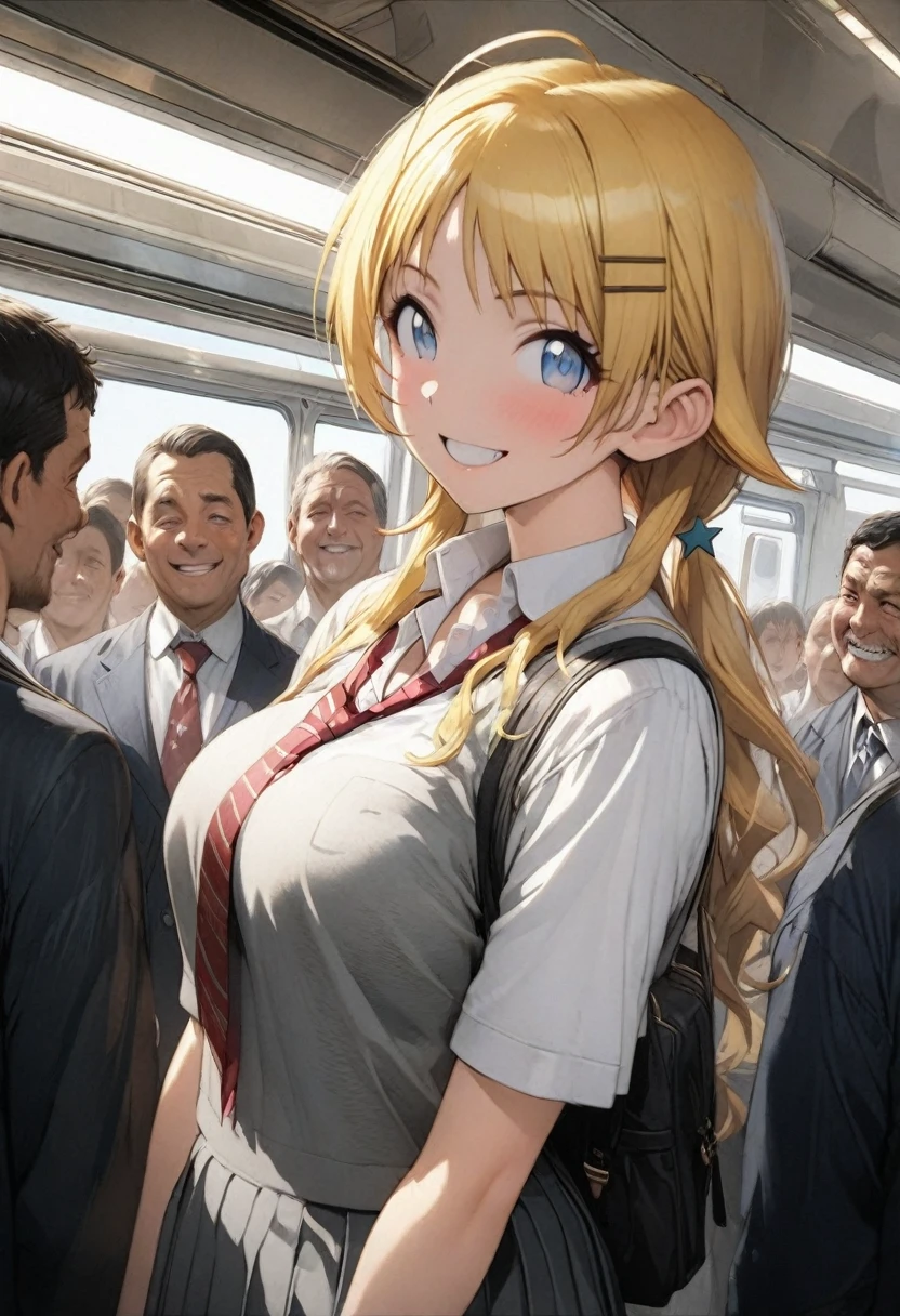 (pale illustration,anime illustrations:1.2),(masterpiece, highest quality, so beautiful, Super detailed),textured skin, high details,8k,gleaming skin,pale outline,
(hachimiya meguru, idolmaster:1.2),gold hair,
1 girl,big breast,shorty,smile,(school uniform),(middle aged men1.2),(in crowd of middle aged men),cowboy shot, train interior