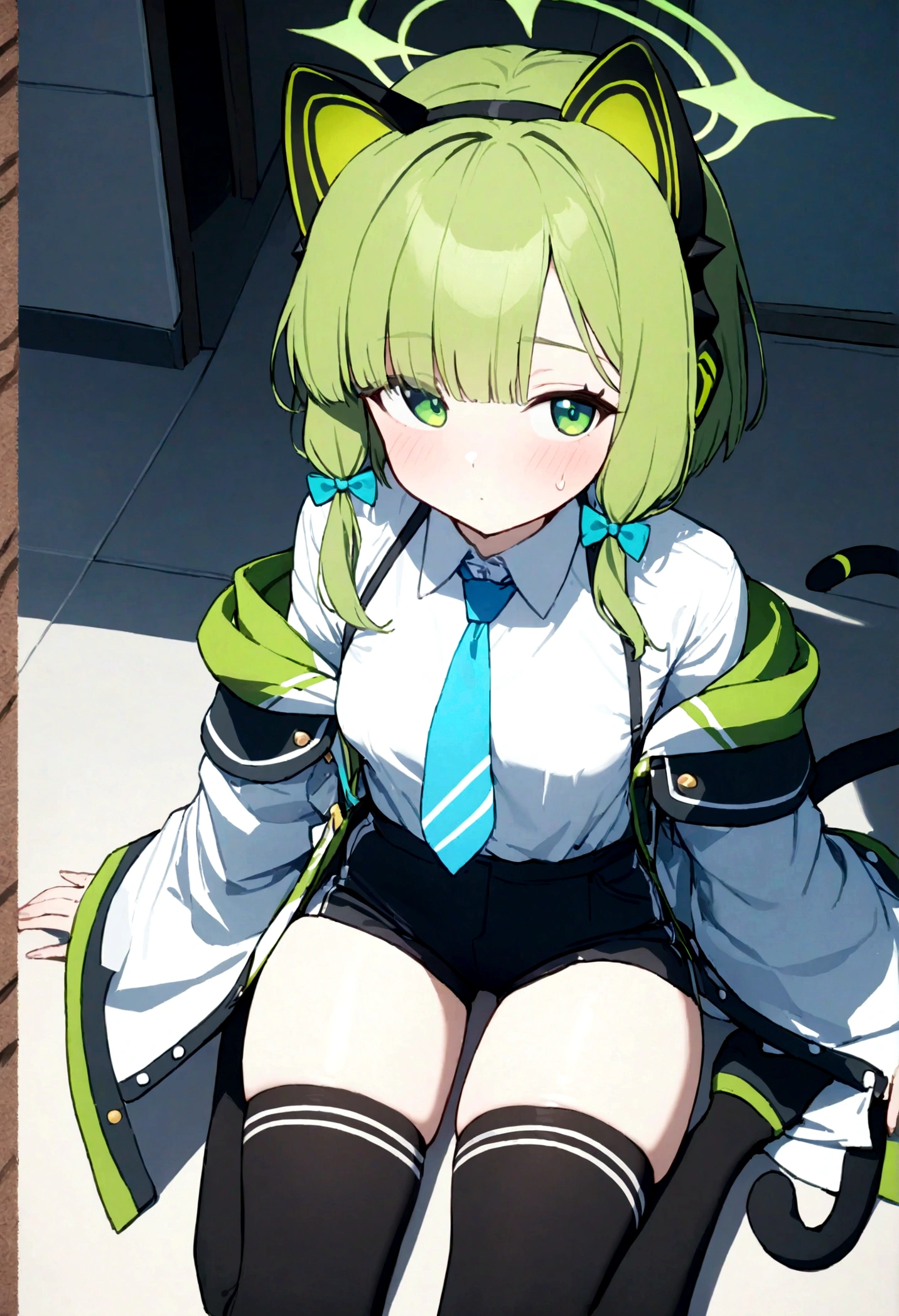 1girl, solo, (masterpiece), (best quality), midori \(blue archive\), green eyes, short hair, sidelocks, green halo, fake animal ears, cat tail, green hair bow, white and green jacket, white shirt, collared shirt, blue necktie, black shorts, black thighhighs,