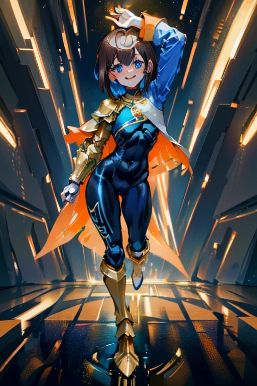 ((masterpiece)), (((best Quality))), ((ultra detailed)), ((illustration)), full resolution, hdr, 5k, ((full body)), (Masterpiece, Best quality:1.4), (Beautiful, Aesthetic, Perfect, Delicate, Intricate:1.2), (ultra resolution:1.2), (ultra detailed), 1 human woman, a cool and thin adult woman, thin woman, wide hips, ((chubby thighs)), posing, majestic view, cool adult woman, ((21 years old)), solo woman, all alone, (flat chest:1.3), (((small breast))), (no breast), ((Hair gradient)), (((very short straight hair))), ((very short bob cut)), (((light brown hair))), ((colored inner hair blue)), (((orange eyes))), starry eyes, detailed eyes, ((long eyelashes)), side glance, pretty eyes, (((freckles on face))), (sobakasu), (((royal blue plug suit with pants))), shiny, sleeves, (shoulder armor), pants, shorts, (((full body plugsuit with legs))), reflective, twisting hips, legs closed, knees together, ((thigh gap)), (((tall armor boots))), (hand in fist), leaping, dodging, running, fighting, (intense combat pose), arm outstretched, ((cool expression)), ((smiling)), shiny teeth, Additional lighting, sunlight, daytime, ((city)), buildings, (dynamic), (ready to fight), (tough), high camera angle, camera looking down, ((from above))