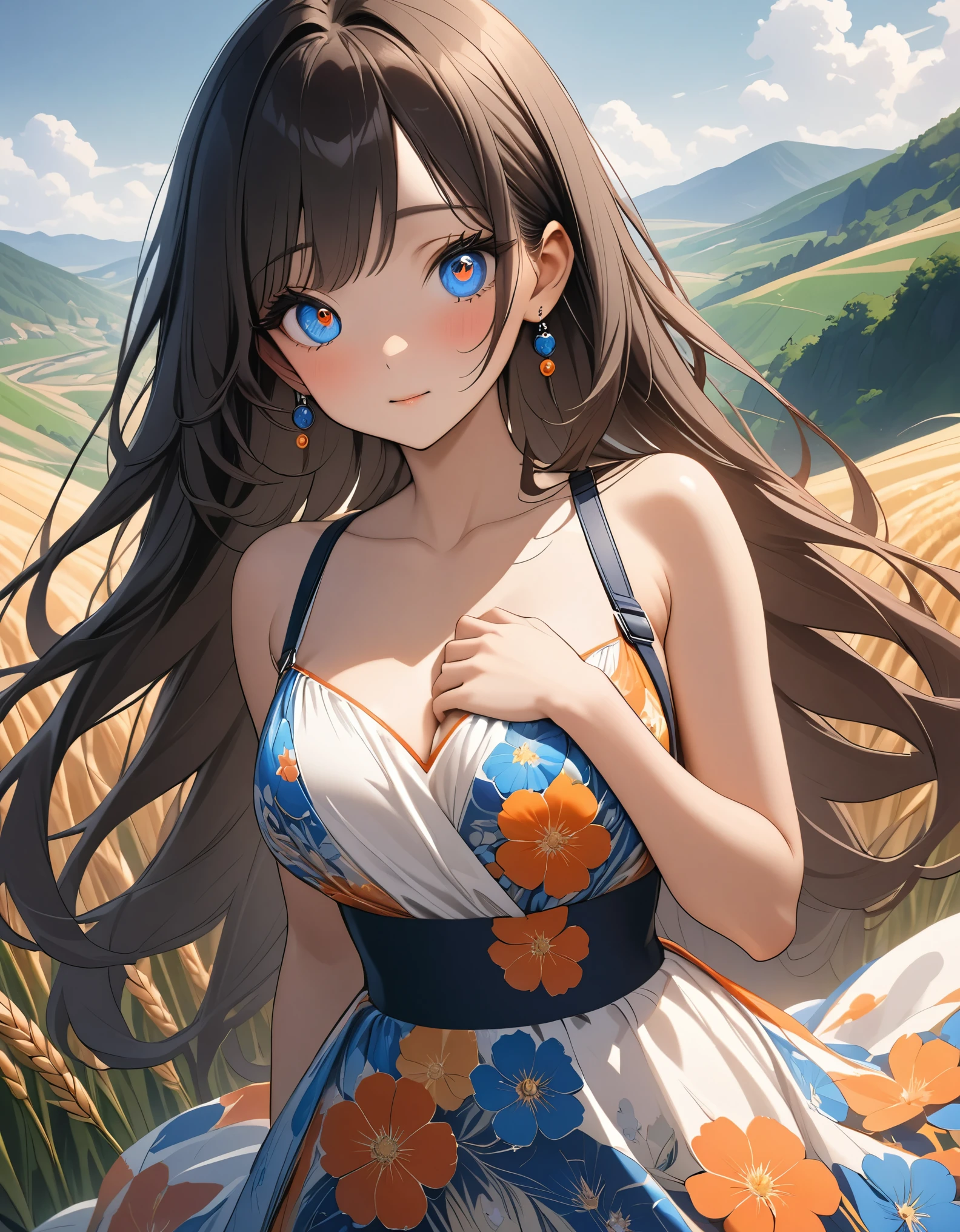 An Asian girl with long dark hair, wheat-coluor skin, upturned eyes, orange and blue suspenders Backless floral dress,, round big-chest, attractive valley, long hair covering her chest, earrings, Extremely detailed eyes, Extremely detailed face, Extremely detailed dress, Boyfriend's perspective, ,