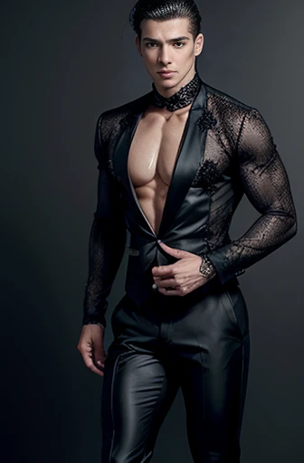 Handsome Latin Man Glamor Modern Fashion Suit Haute Couture Black Lace Suit Athletic Sexy Black Lace Pop Star Bare Chest Transparent and Tulle. tight pants showing muscles