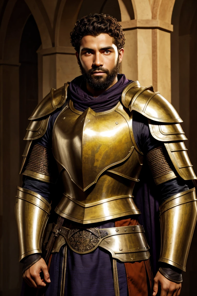 Realistic RPG art style of a male cleric young man. clear brown skin tone. short brown hair. curly hair. with a beard. orange eyes. big eyebrows. big wide nose. African facial features. wearing a big plain armour. heavy armour. with a shield. open elm.