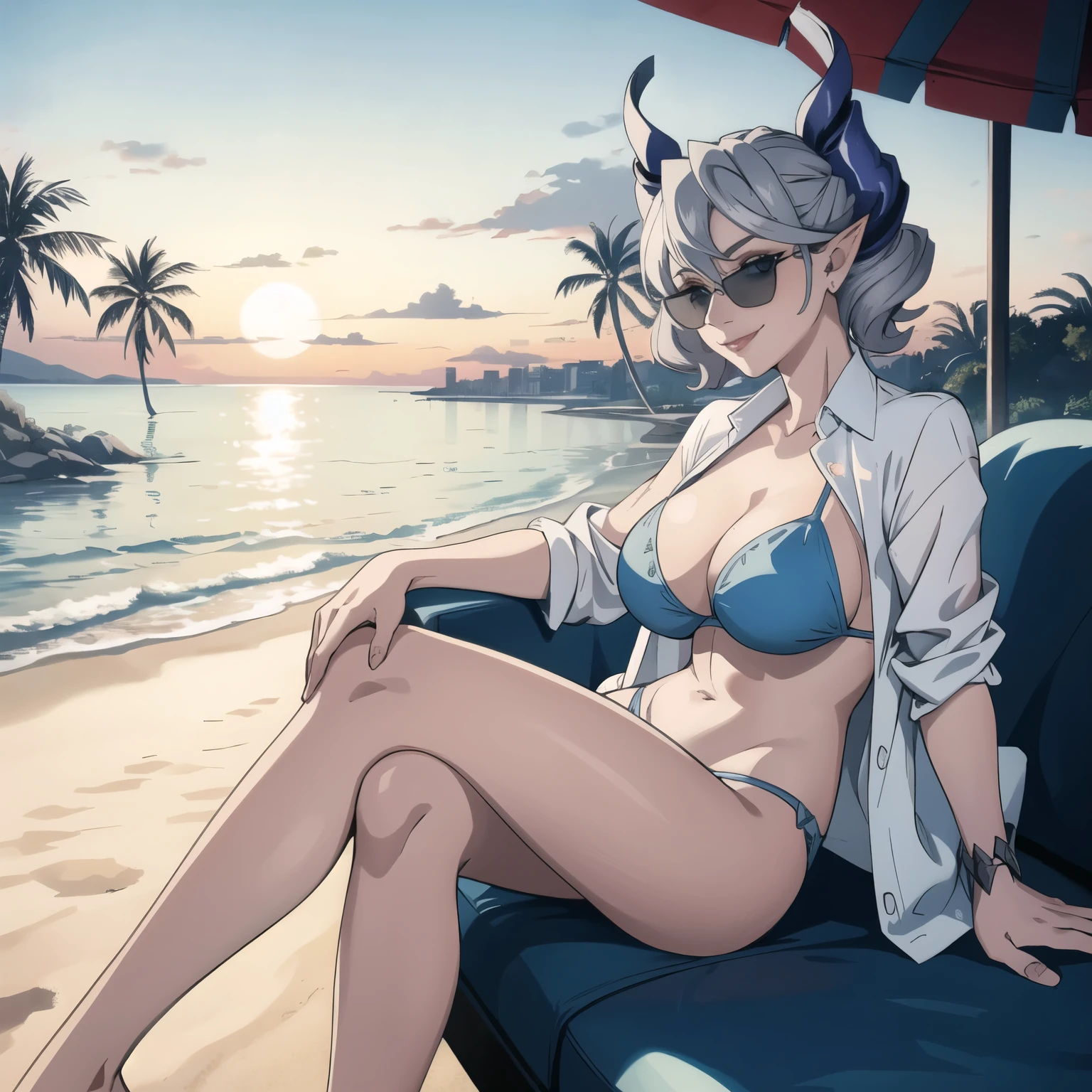 　High level image quality　best image quality　8K　 adult woman  beach  sunset　palm trees   whole body view　portrait　blue bikini   　horn    ears  　short hair（（shortcut）（gray hair）（perm）（fluffy））　eye color is blue , black sunglasses , 　attractive evil face , smile   ,  sexy pose   ,  labrynth ,  barearm    , wearing white shirt  ,  sitting on shark  , crossed leg style in detailed , view from side , view foot arc