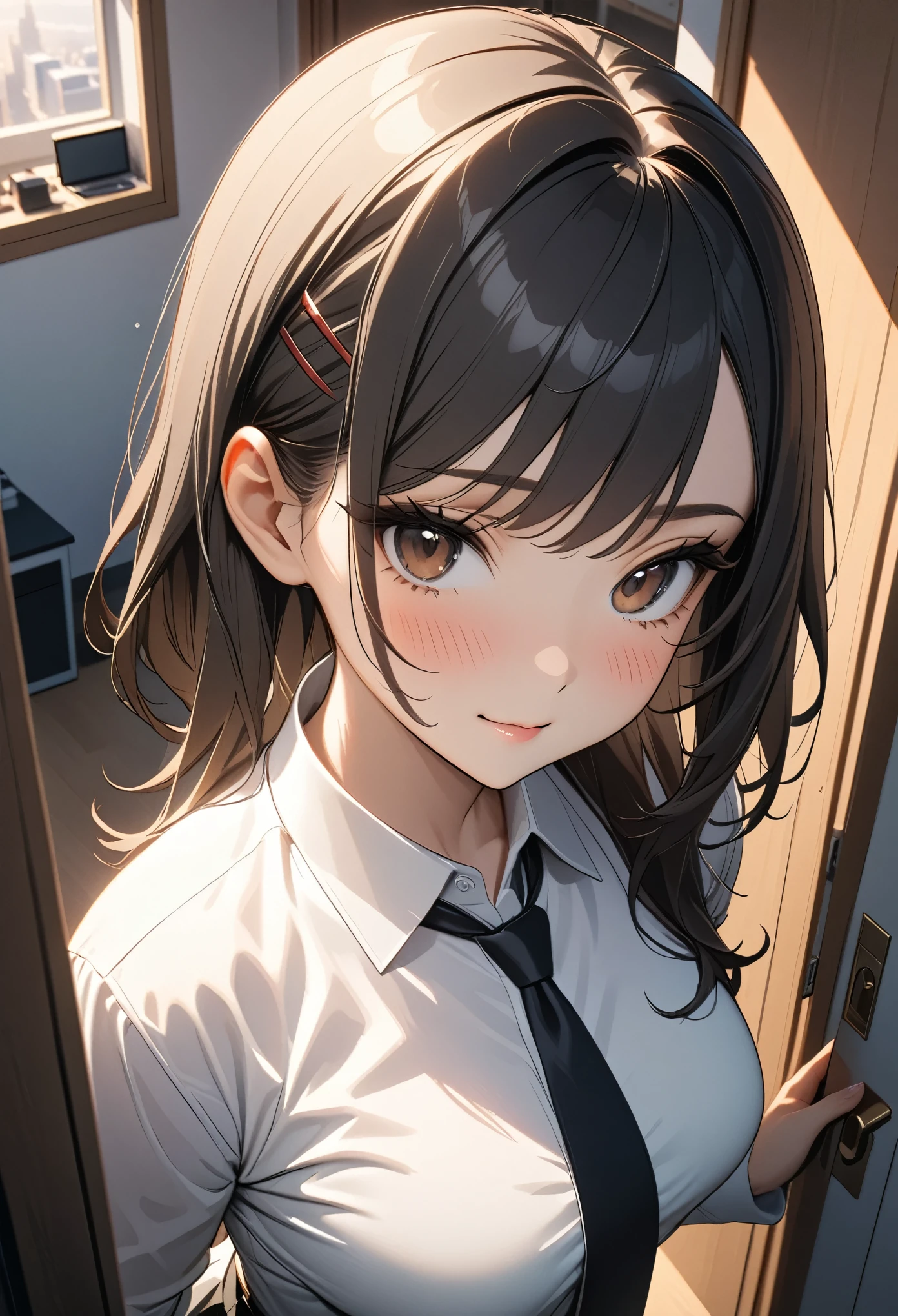 masterpiece, best quality, ultra-detailed, illustration, epic lighting, cinematic composition, isometric, 1girl, solo, cute, brown eyes, black hair, swept bangs, single sidelock, red hairclip, white collared shirt, black necktie, black pants, formal, enchanting gaze, captivating pose, indoors, office, door, opening door, looking at viewer, peeking out upper body, blush, seductive smile, closed mouth,(8k:1.1),