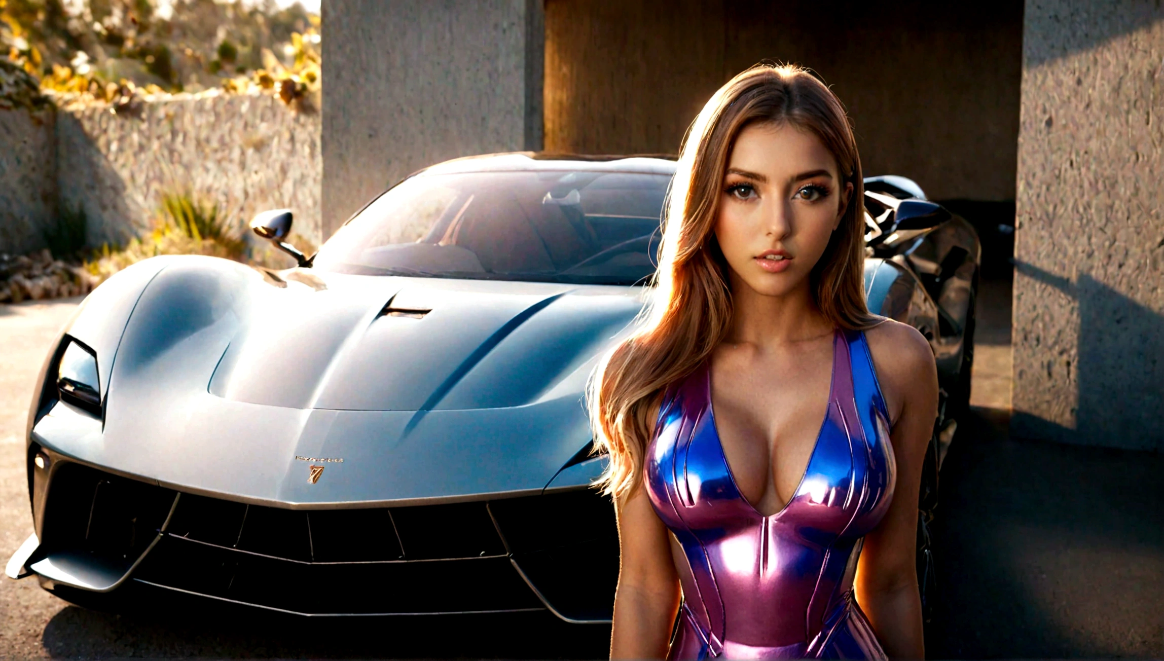 a beautiful girl in a tight dress posing next to a superdeportive car, hyper realistic, 8k, cinematic lighting, detailed facial features, photorealistic, volumetric lighting, dramatic shadows, highly detailed, intricate details, stunning, exquisite, flawless skin, elegant pose, impeccable fashion, glossy car paint, smooth metallic reflections, depth of field, cinematic framing
