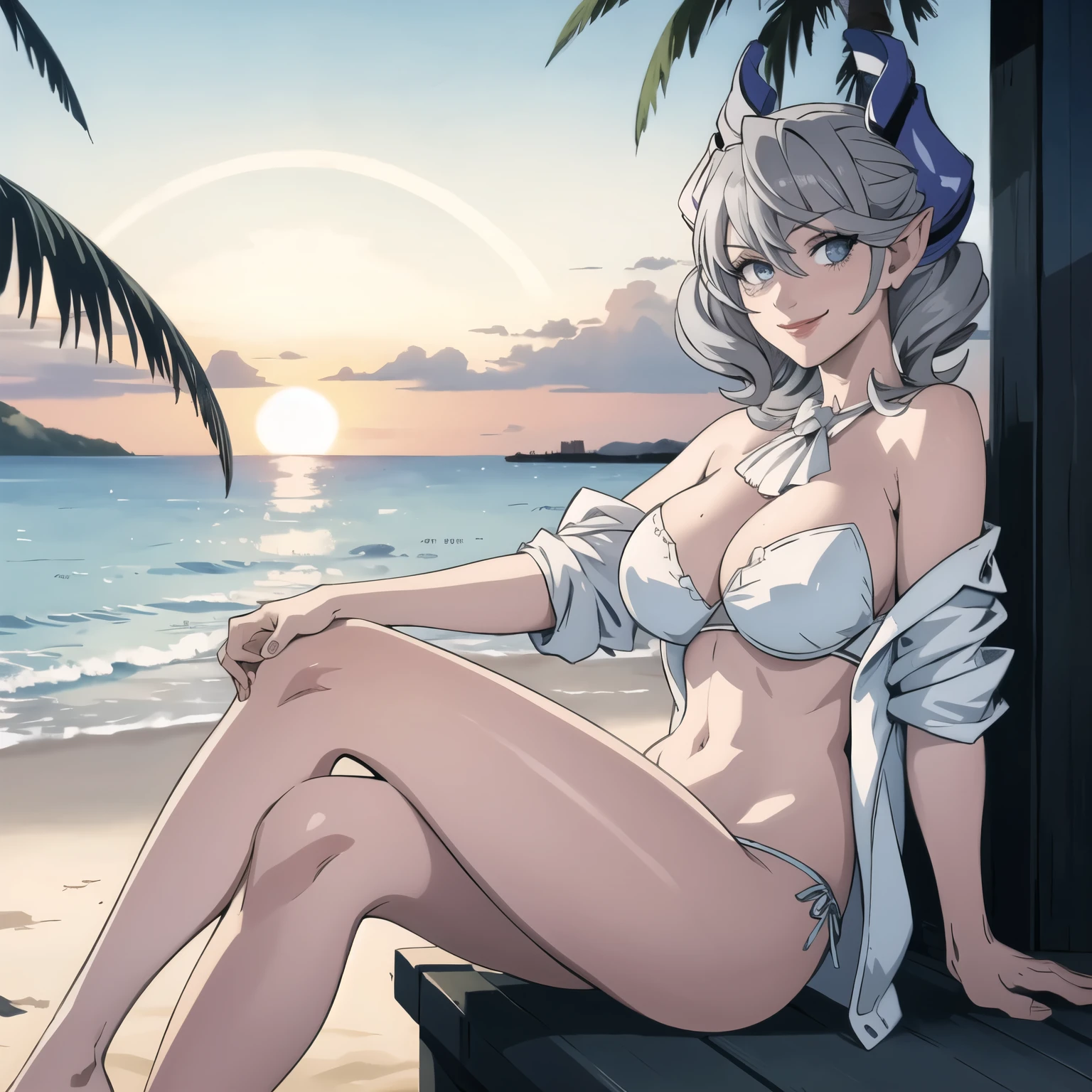 　High level image quality　best image quality　8K　 adult woman  beach  sunset　palm trees   whole body view　portrait　blue bikini   　horn    ears  　short hair（（shortcut）（gray hair）（perm）（fluffy））　eye color is blue , black sunglasses , 　attractive evil face , smile   ,  sexy pose   ,  labrynth ,  barearm    , wearing white shirt  ,  sitting on shark  , crossed leg style in detailed , view from side , view foot arc