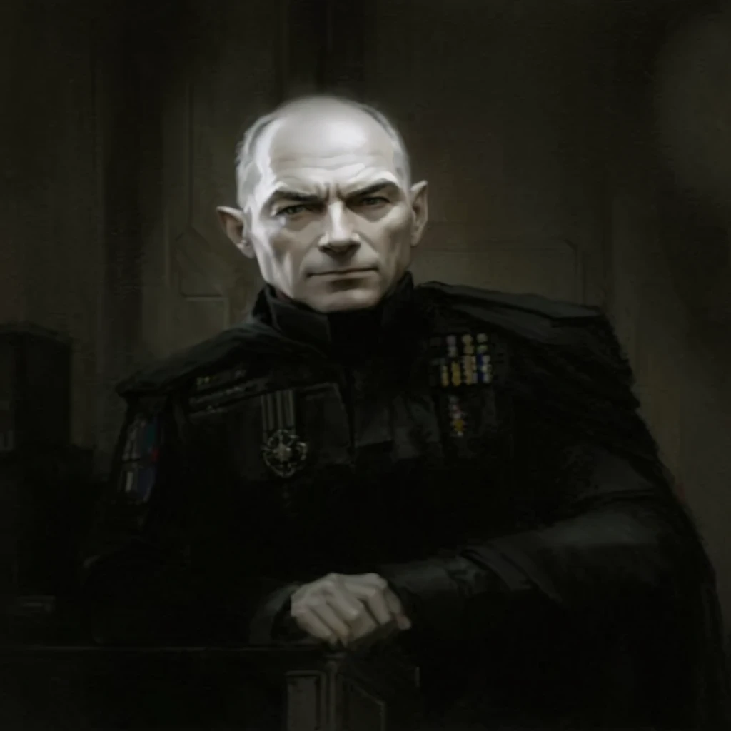 Arafed retrato de um homem em um uniforme militar, um agente imperial de Star Wars, retrato imperial, retrato do imperador palpatine, de uniforme preto, captain jean-luc picard, Jean Luc Picard, Picard a estibordo, inspired by Otakar Kubín, inspirado em Aleksandr Gerasimov, vestindo uniforme preto sith, Ricardo Rider