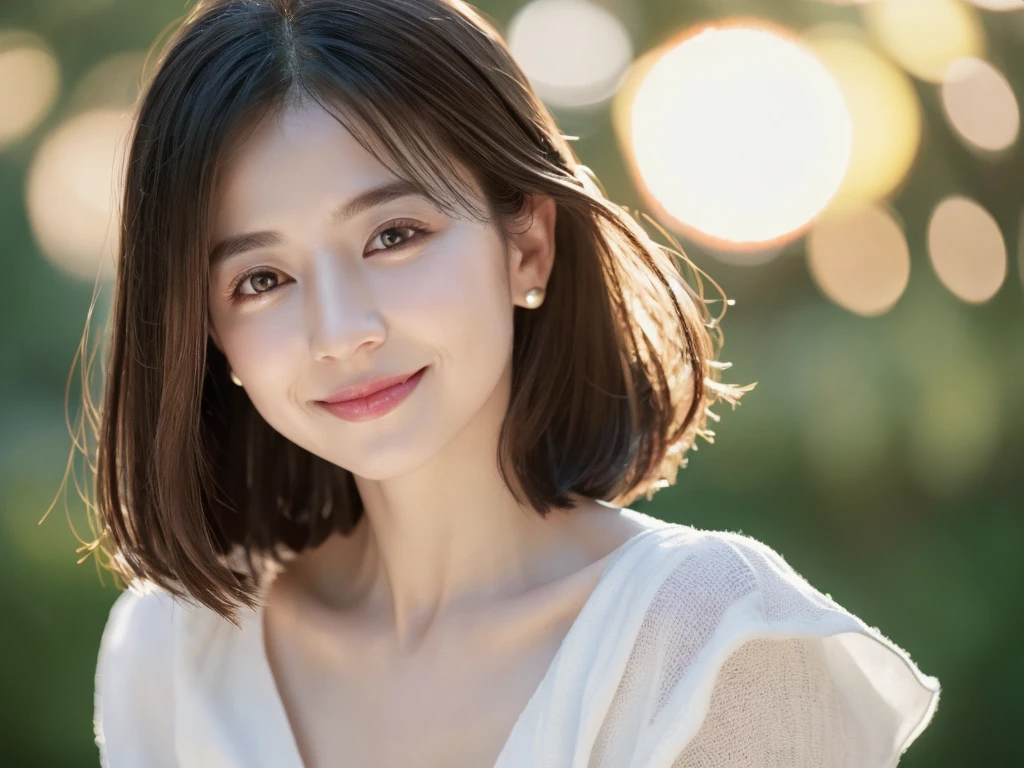 highest quality、8k Masterpiece、超A high resolution、(Photorealistic:1.3)、RAW Photos、1 girl、Black Hair、Glowing Skin、36age、Portrait、Global Illumination、Shadow、Octane Rendering、8k、Super sharp、Cold colors、、Very intricate details、Soft spring light、スタジオ撮Shadow、CGSoation Trend、Beautiful Eyes、Shining Eyes、To the camera、Neon Details、White skin、short hair、smile、Featured on cosmetics website、intellectual、reason、Charm、Perfect Lips、Smooth, wrinkle-free skin