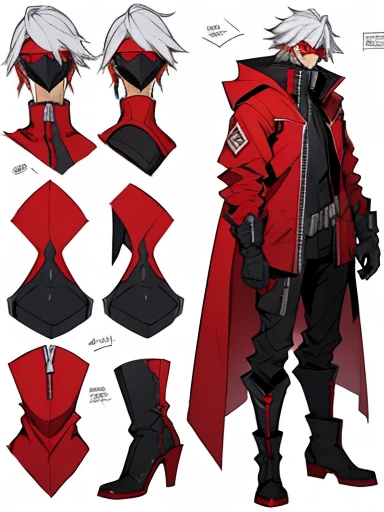 Concept ART ,human Male ,Clear Skin ,Red eyewear , white hair,long braided ,zip Red Coat , Full body , Black Gloves , Black boots , blazblue Series