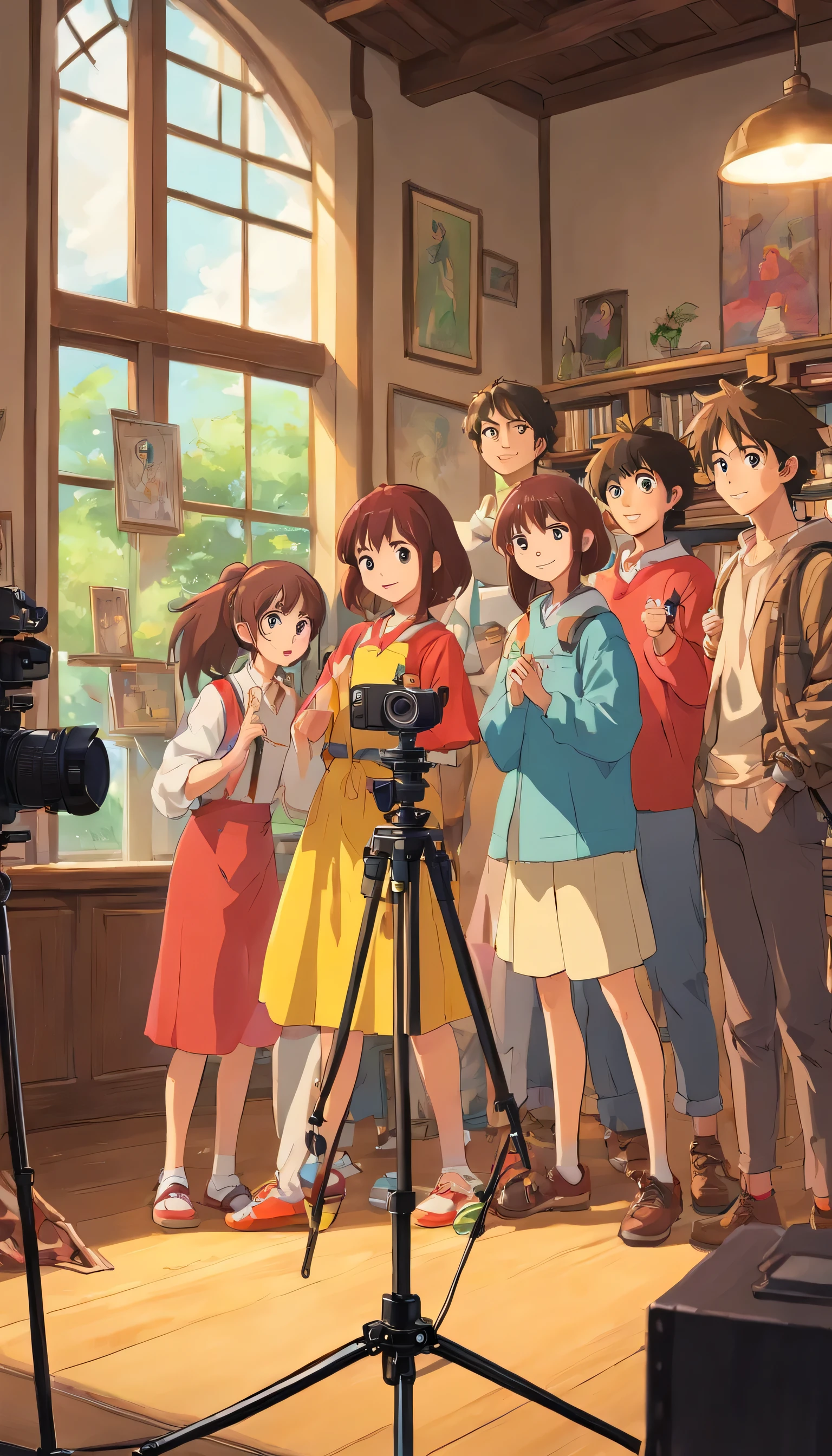 (RAW photo, best quality) 5 college students being photographed together. like they are in a photoshoot. There is a camera in a tripod in front of them and they are facing the camera. There is a camera Infront of them where their smiles are seen from it.They are in a music room