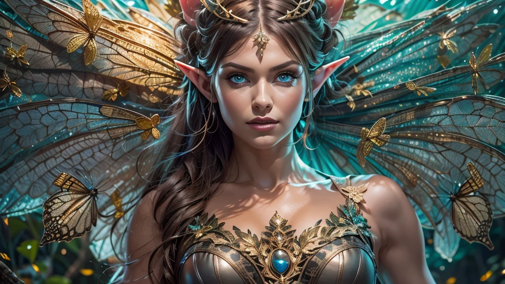 Beautiful faerie woman, elf ear, flying, hovering, floating, centered holographic dragonfly wings, balanced wings, glowing blue eyes, detailed realistic eyes, detailed proportional hand, manicured hands, detailed fingers, proportional fingers, proportional legs, proportional arms, proportional body, firm breast, silk tutu, oak tree forest, frank Frazzetta painting style, (Best Quality:1.4), (Ultra-detailed), (extremely detailed CG unified 8k wallpaper), Highly detailed, RAW Photos, Professional Photography, plein air, Illumination, (Super fancy photos:1.4), (Dazzling light), Radiant Photography, depth of fields,