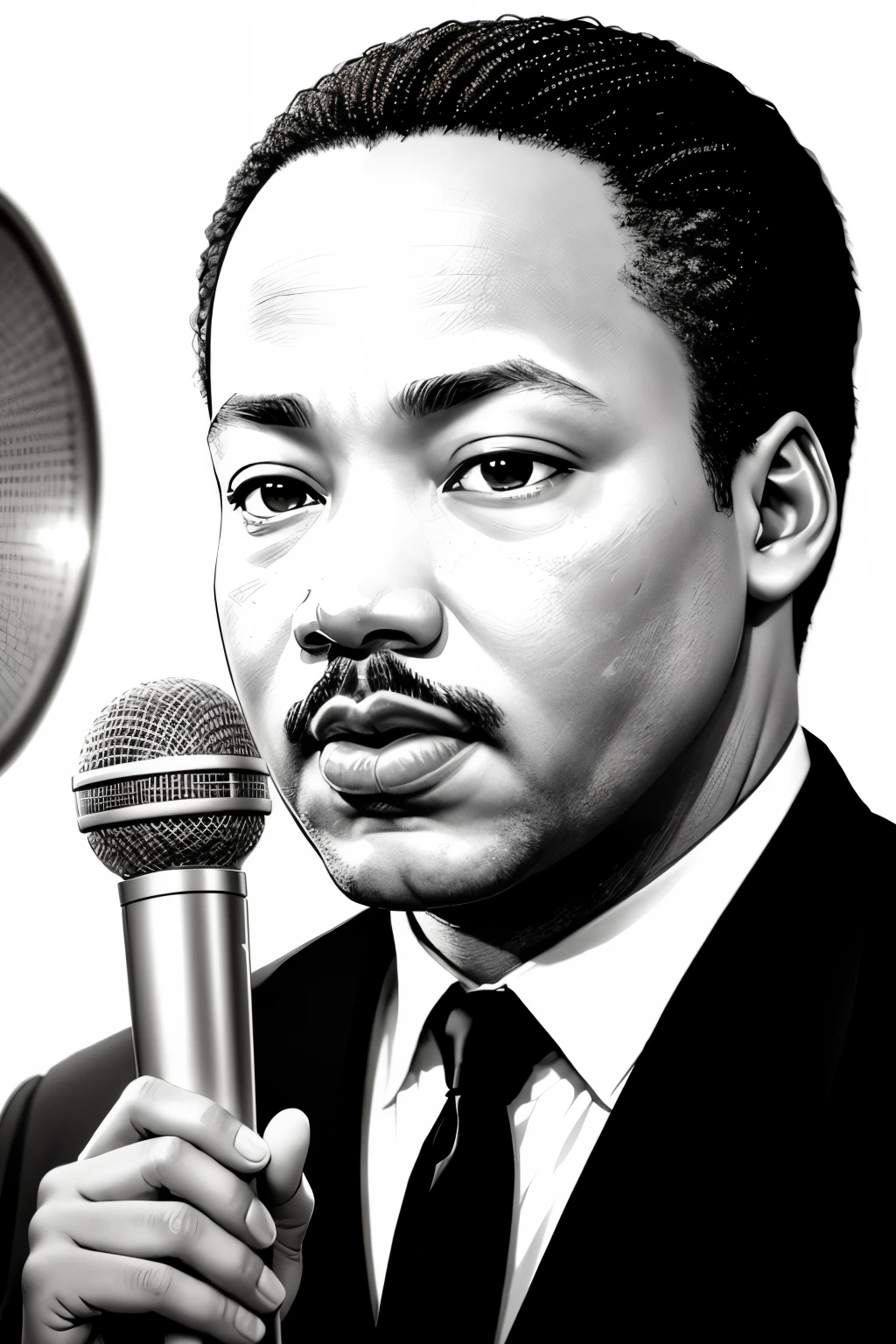 make a line drawing Martin Luther King JR speaking on a mic , white background, no shading, like someone draw  